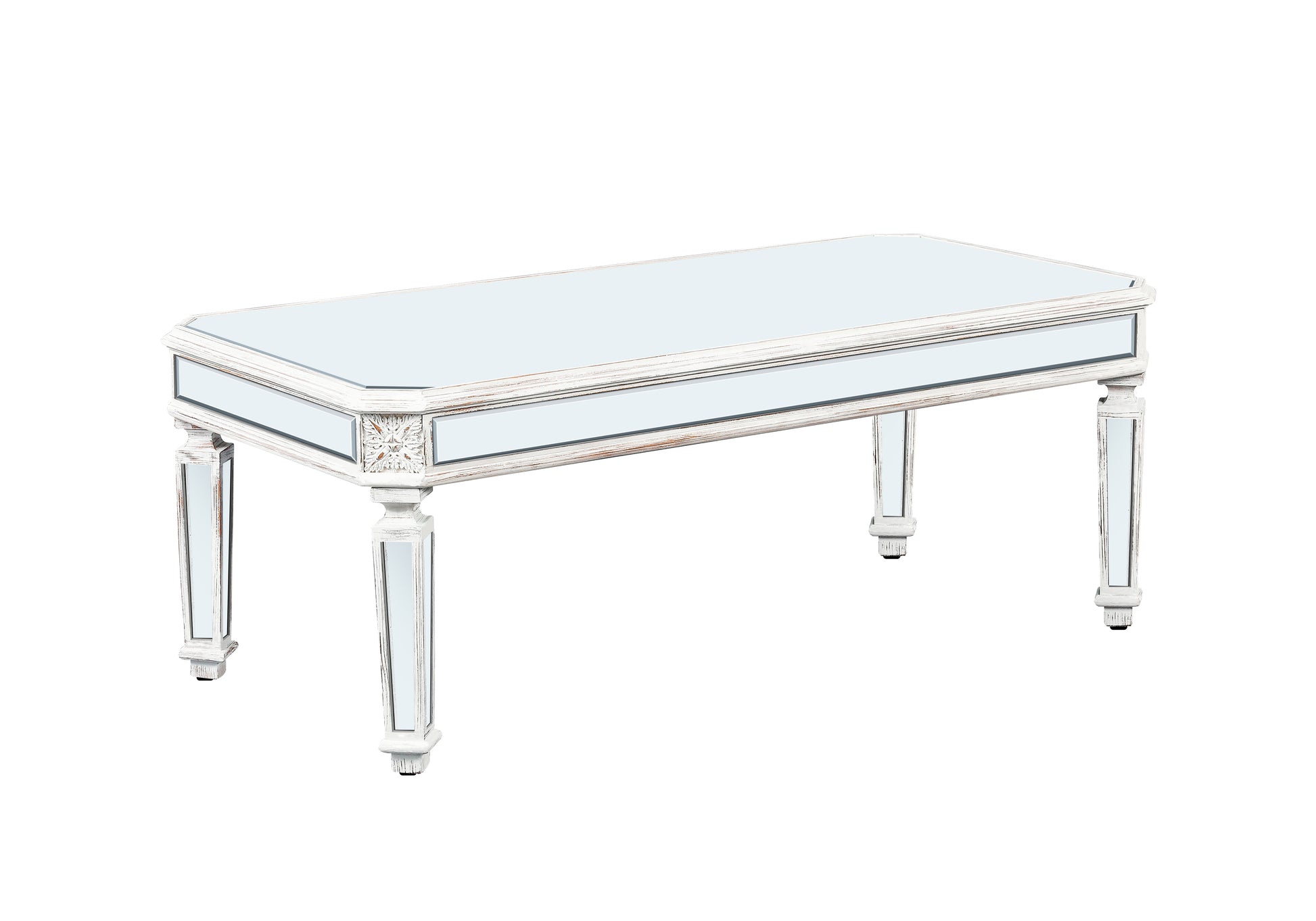 Silver Mirrored Coffee Table, Vintage Carved Elements, Rectangle Glass Tea Table With Mirrored Finish, Modern Center Table For Living Room And Office 24" D X 48" W X 18" H Oak Silver White Mirrored