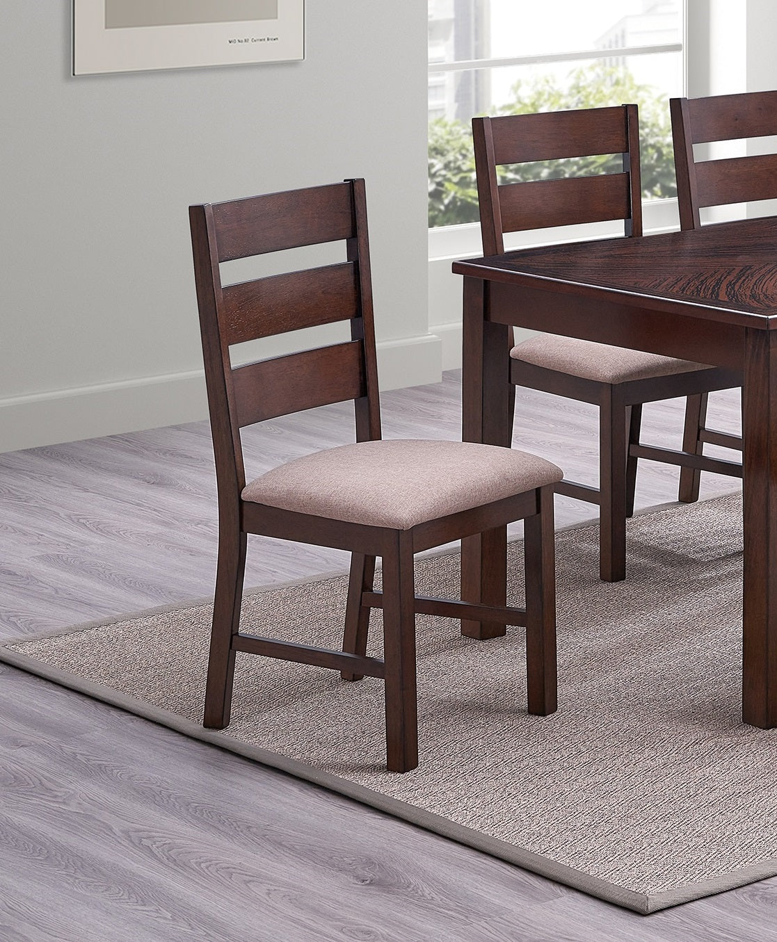 Contemporary Antique Cherry 6Pc Dining Set Table And 4X Side Chairs 1X Bench Melamine Table Top Fabric Cushion Seats Chairs Solid Wood Dining Room Furniture Dining Room Solid Wood Rubberwood Rectangular Dining Table With Chair And Bench Upholstered Chair