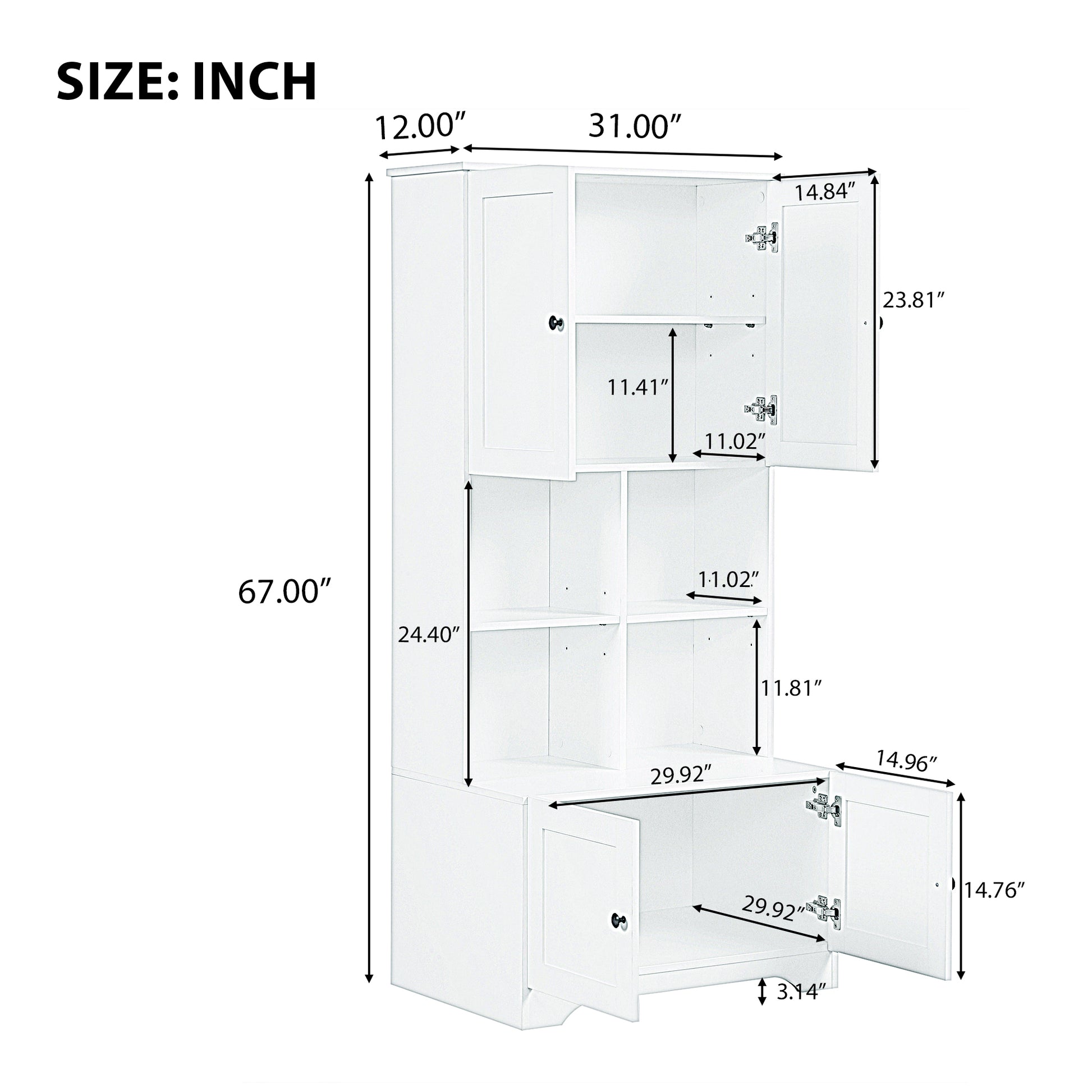 Tall And Wide Bathroom Floor Storage Cabinet, Bathroom Storage Unit, Freestanding Cabinet With 4 Doors, Adjustable Shelves, Open Multi Layer Shelves, White White Mdf