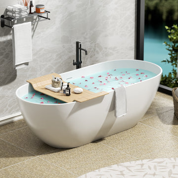 69" Freestanding Solid Surface Bathtub, Luxury Handcrafted Stone Resin Freestanding Soaking Bathtub With Overflow And Pop Up Drain, Matte White 24S03 69Mw White Freestanding Tubs Solid Surface