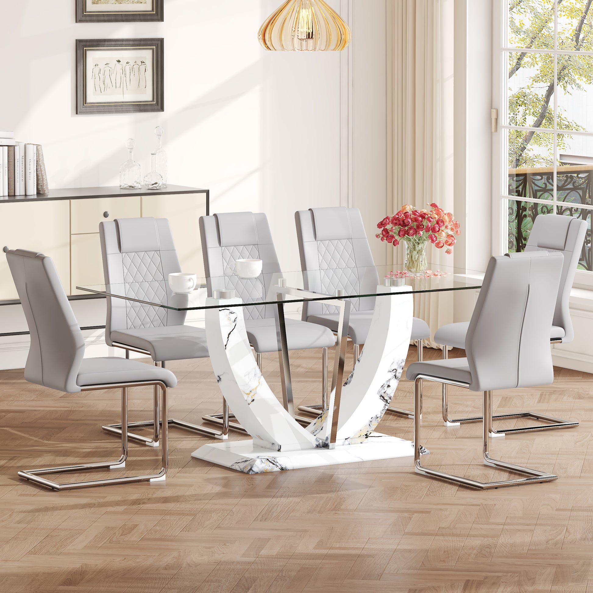 Table And Chair Set, Large Modern Rectangular Glass Table, Can Accommodate 6 8 People, Equipped With A 0.39 Inch Tempered Glass Tabletop And Mdf Table Legs.Paired With Comfortable And Soft Chairs. Light Gray Mdf Glass