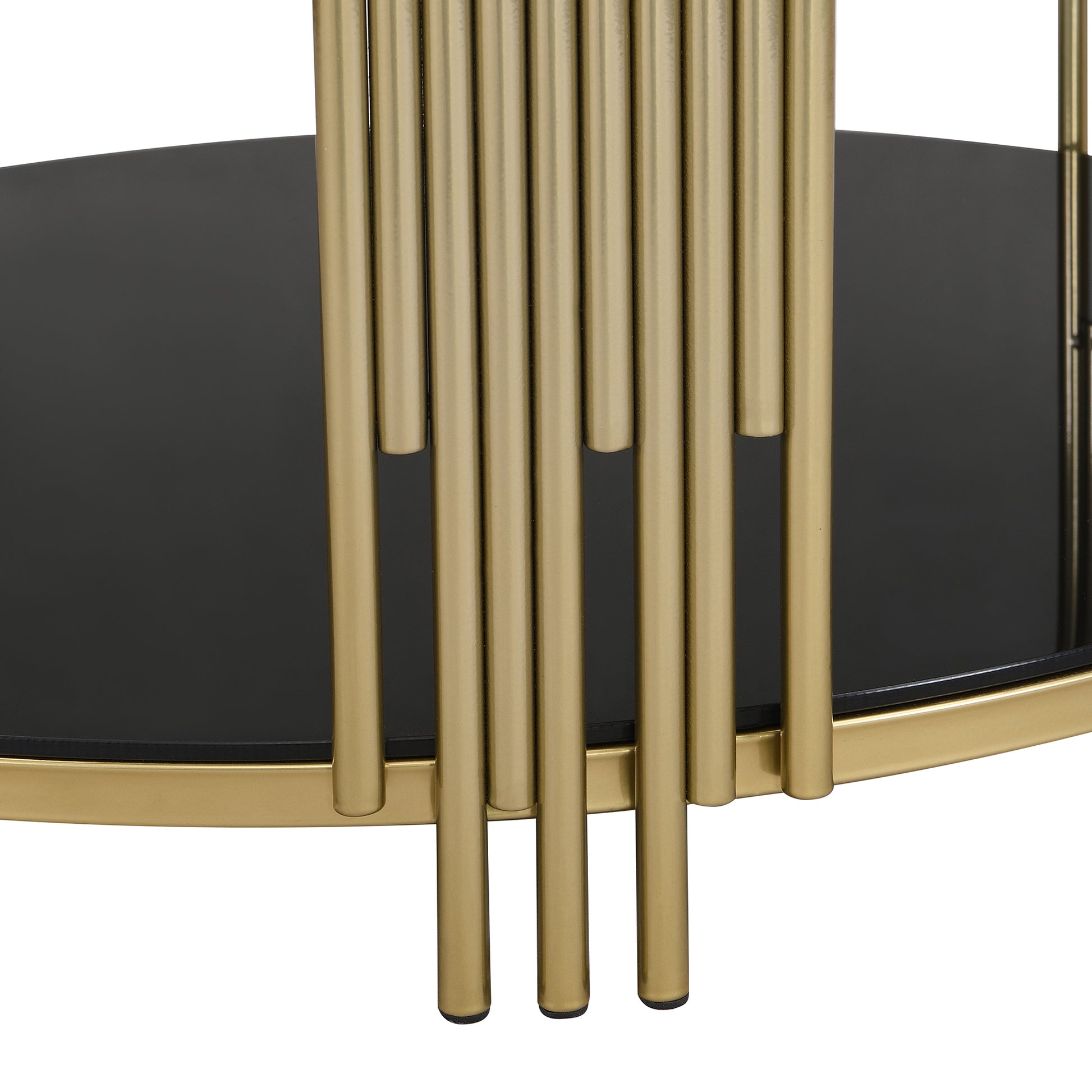 Modern Black Mirror Coffee Table, Asymmetrical Metal, Circular Metal Drum Base, Gold Finish & Lower Shelf Black Tempered Glass