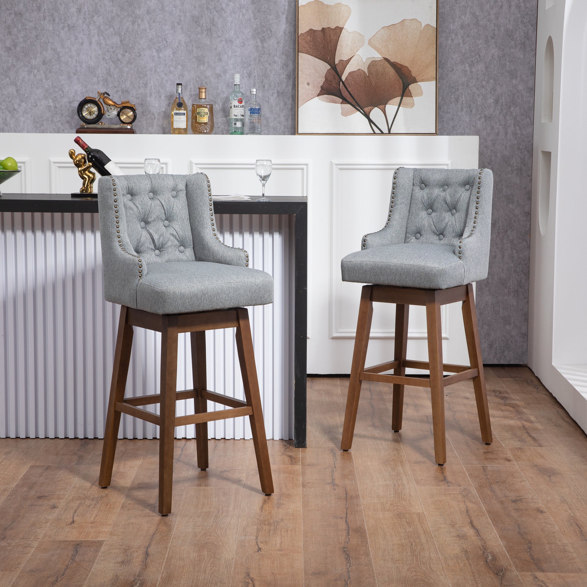 Coolmore Bar Stools Set Of 2 Counter Height Chairs With Footrest For Kitchen, Dining Room And 360 Degree Solid Wood Legs Swivel Bar Stools Set Of 2 Gray Linen Gray Foam Linen