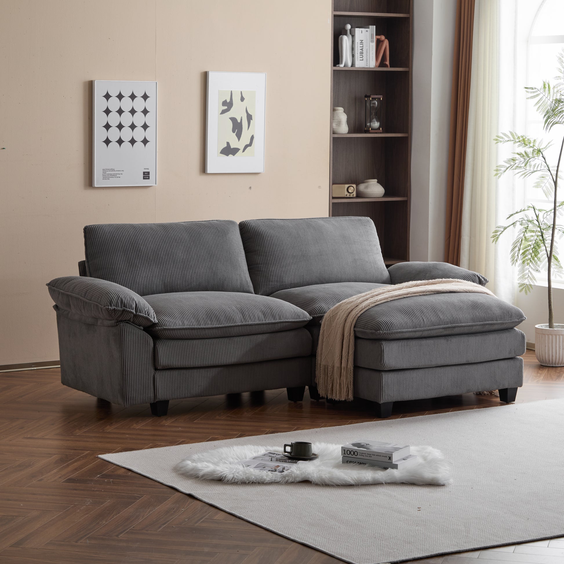 Modular Sectional Sofa With Movable Ottoman,L Shaped Corduroy Fabric Couch With High Supportive & Soft Sponges And Removable Ottoman, Sleeper Comfy Upholstered Furniture For Living Room Grey Grey