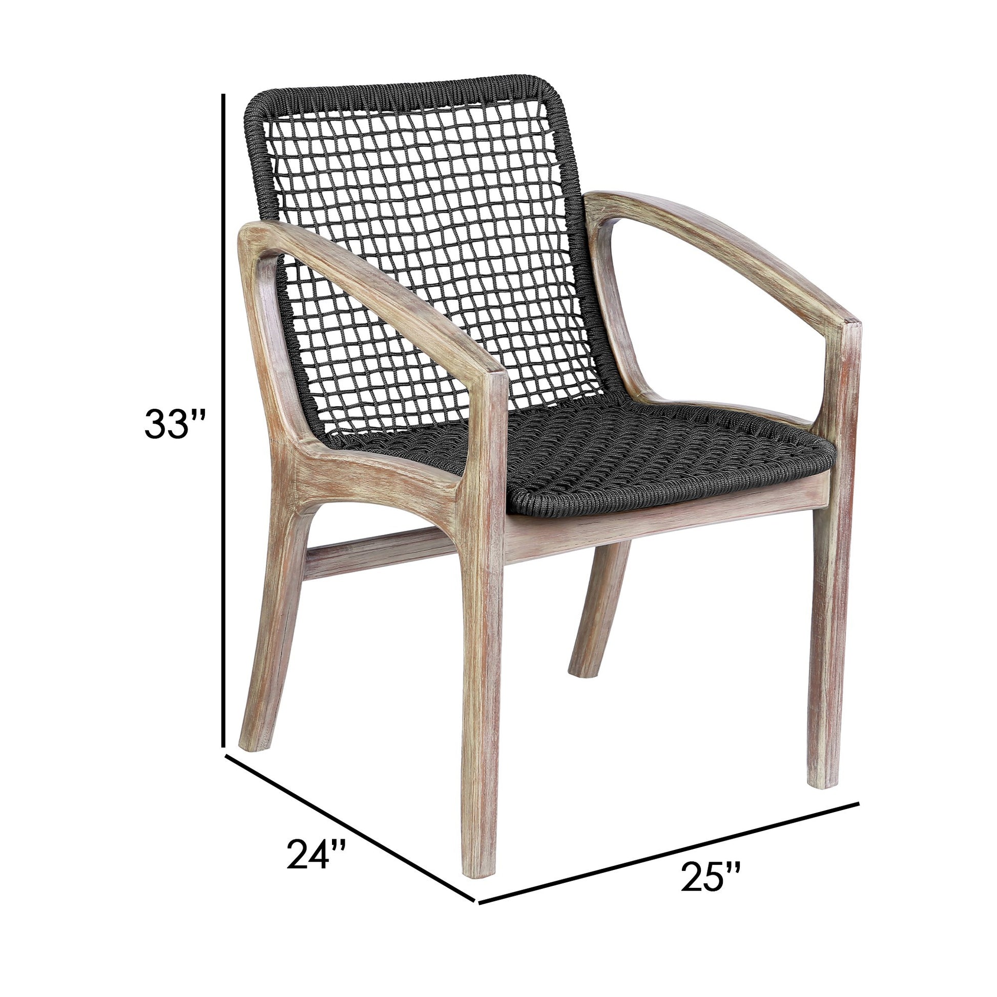 Tye 25 Inch Patio Dining Chair, Light Eucalyptus Wood, Dark Gray Rope Seat Gray Wood