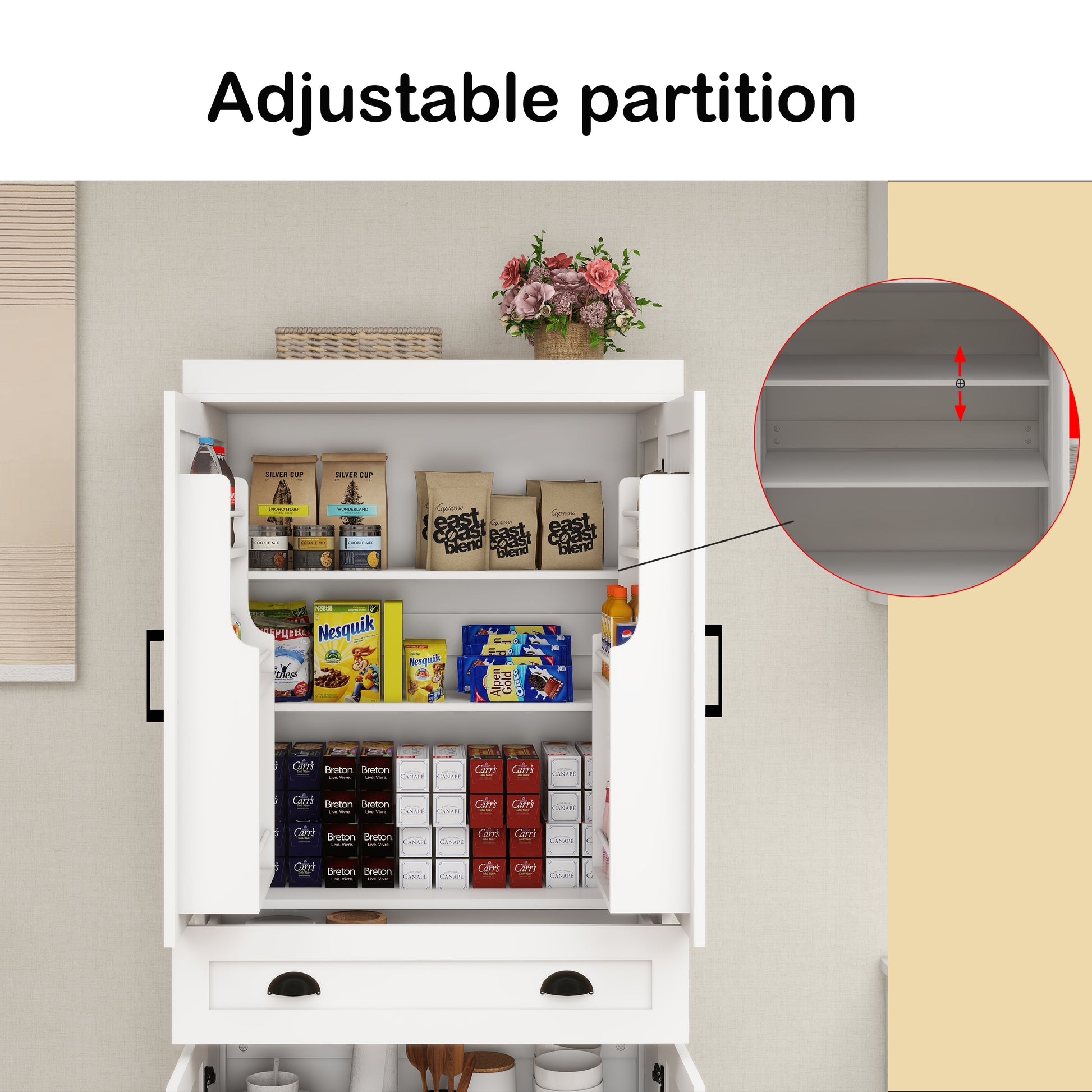 71" Kitchen Pantry Storage Cabinet With 4 Doors 2Doors With Racks ,1 Drawer, 2 Adjustable Shelves, Freestanding Cupboard For Kitchen, Dining Room And Living Room White White Mdf