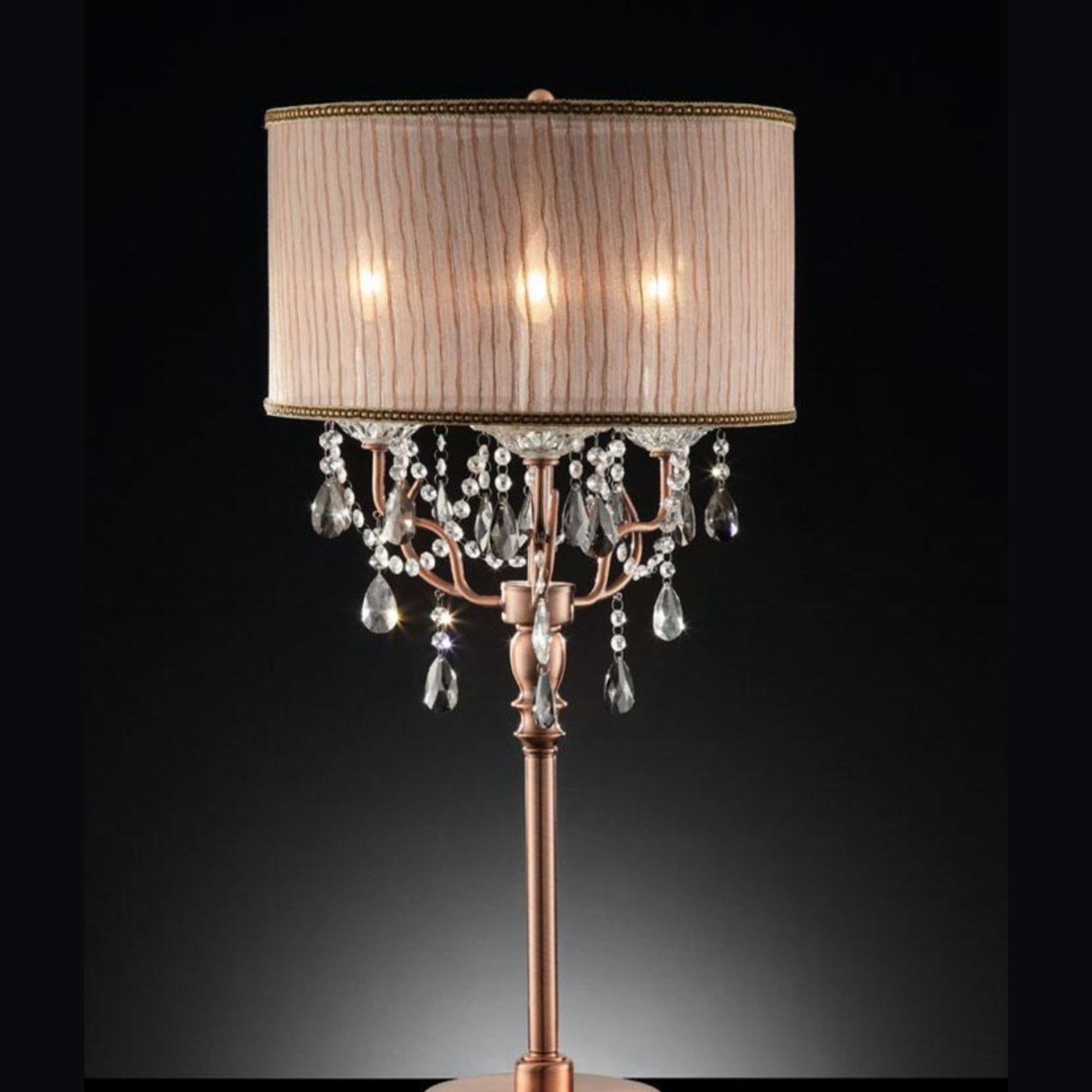 35" Tall Table Lamp "Rosie" W Silvery Pink Finish And Crystal Accents, Shade Brown Metal