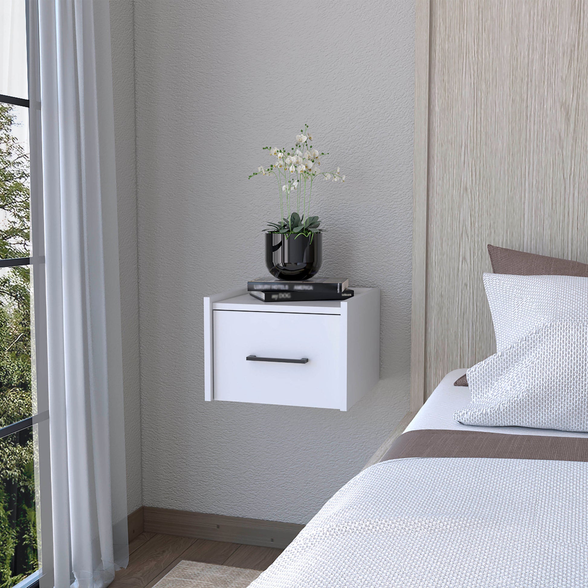 Elfrida Wall Mounted Nightstand, Sleek Single Drawer Design With Spacious Top Shelf White 1 Drawer Bedroom Bedside Cabinet Storage Melamine Engineered Wood