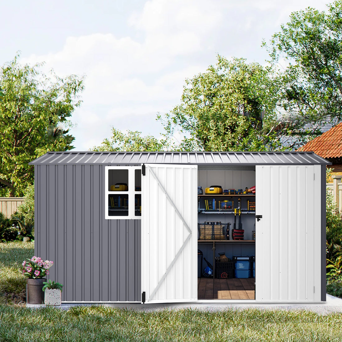 Outdoor Storage Shed 8X12Ft Outdoor Storage Shed With Windows,With Sloped Roof & Double Lockable Door,Storage Shed Large With 6 Vents, Garden Tool Shed For Backyard Garden Patio Law Grey Rectangular