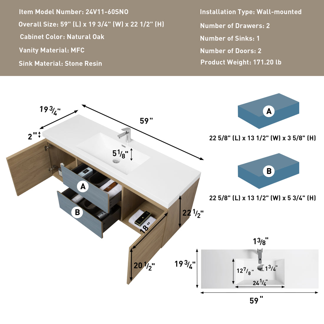 60" Floating Bathroom Vanity With Sink, Modern Wall Mounted Bathroom Storage Vanity Cabinet With Resin Top Basin And Soft Close Drawers, Natural Oak 24V11 60Sno 2 Oak 2 Bathroom Wall Mounted Melamine