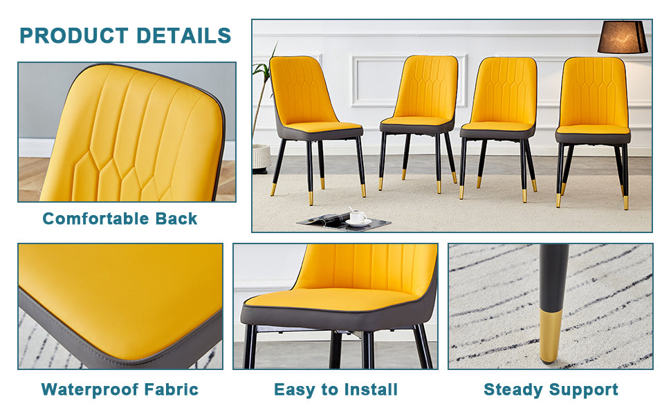 Table And Chair Set.This Modern Dining Table With Mdf Marbled Design Gives You A Luxurious And Elegant Feel.Paired With Multiple Chairs With Pu Artificial Leather Backrest Cushions And Black Legs. Yellow Black Seats 4 Mdf