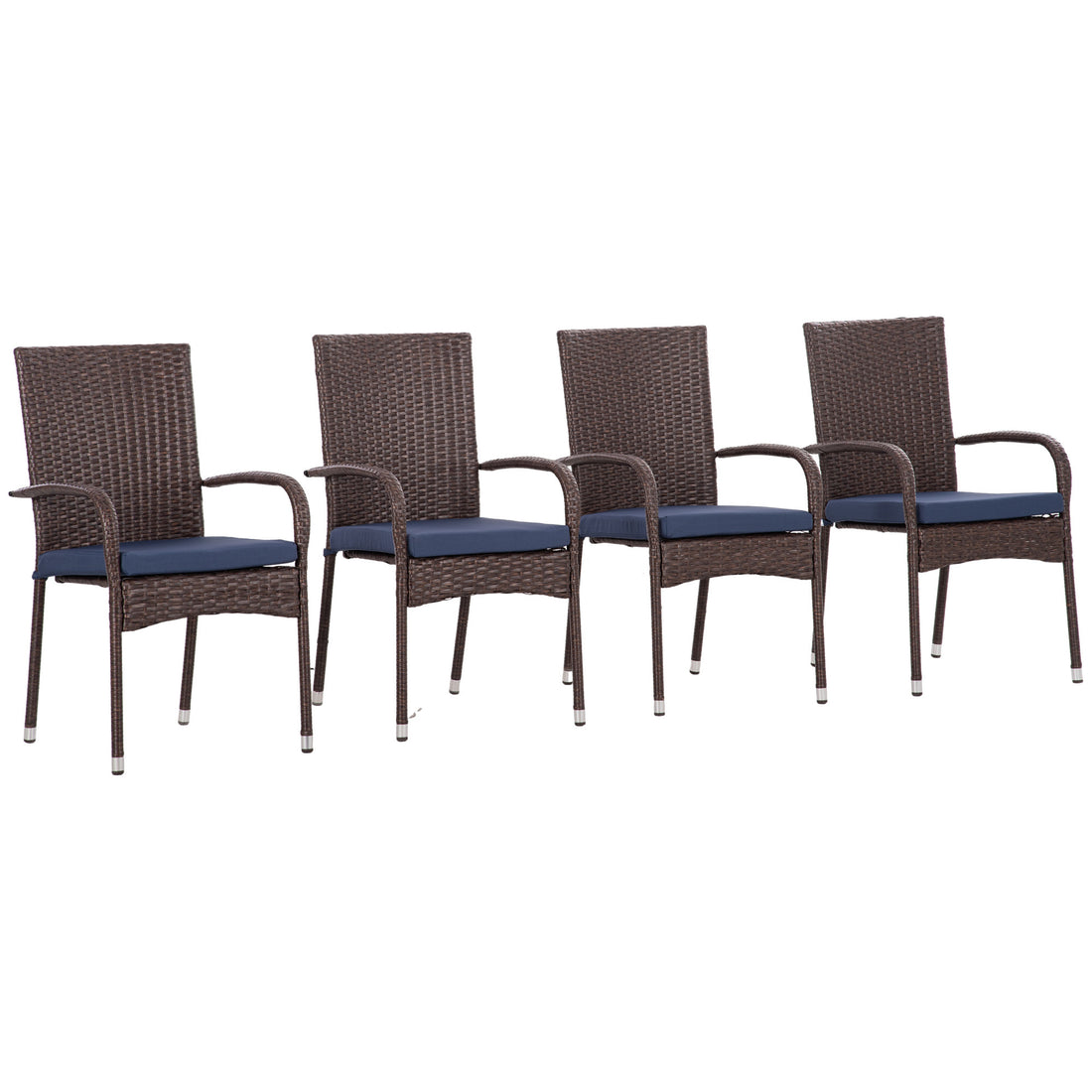 Outsunny Stackable Pe Rattan Outdoor Dining Chairs With Cushions, Set Of 4 Patio Wicker Dining Chairs With Armrests And Backrest For Patio, Deck, Cream Blue Blue Brown Steel