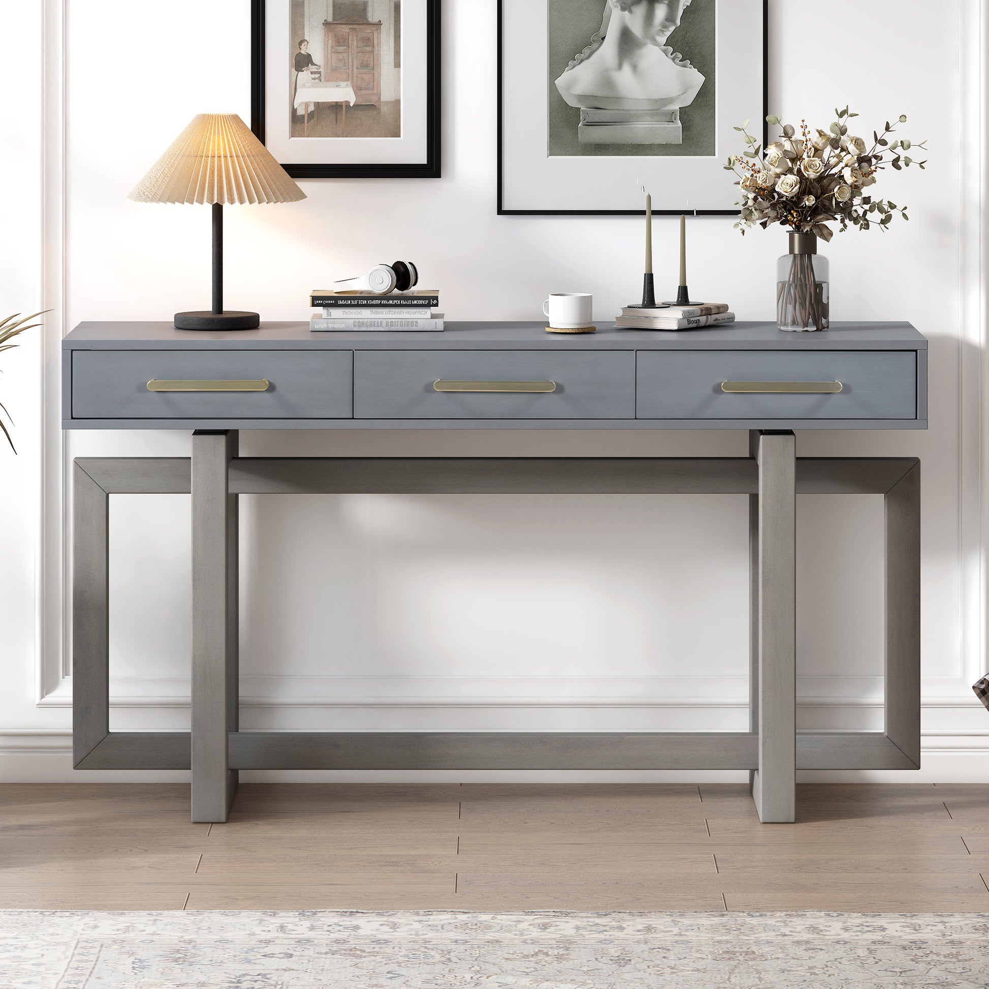 Elegant Console Table With Three Drawers, Extra Long Entryway Table For Entryway, Hallway, Living Room, Foyer, Corridor Antique Gray Primary Living Space Artsy Drawers Mdf