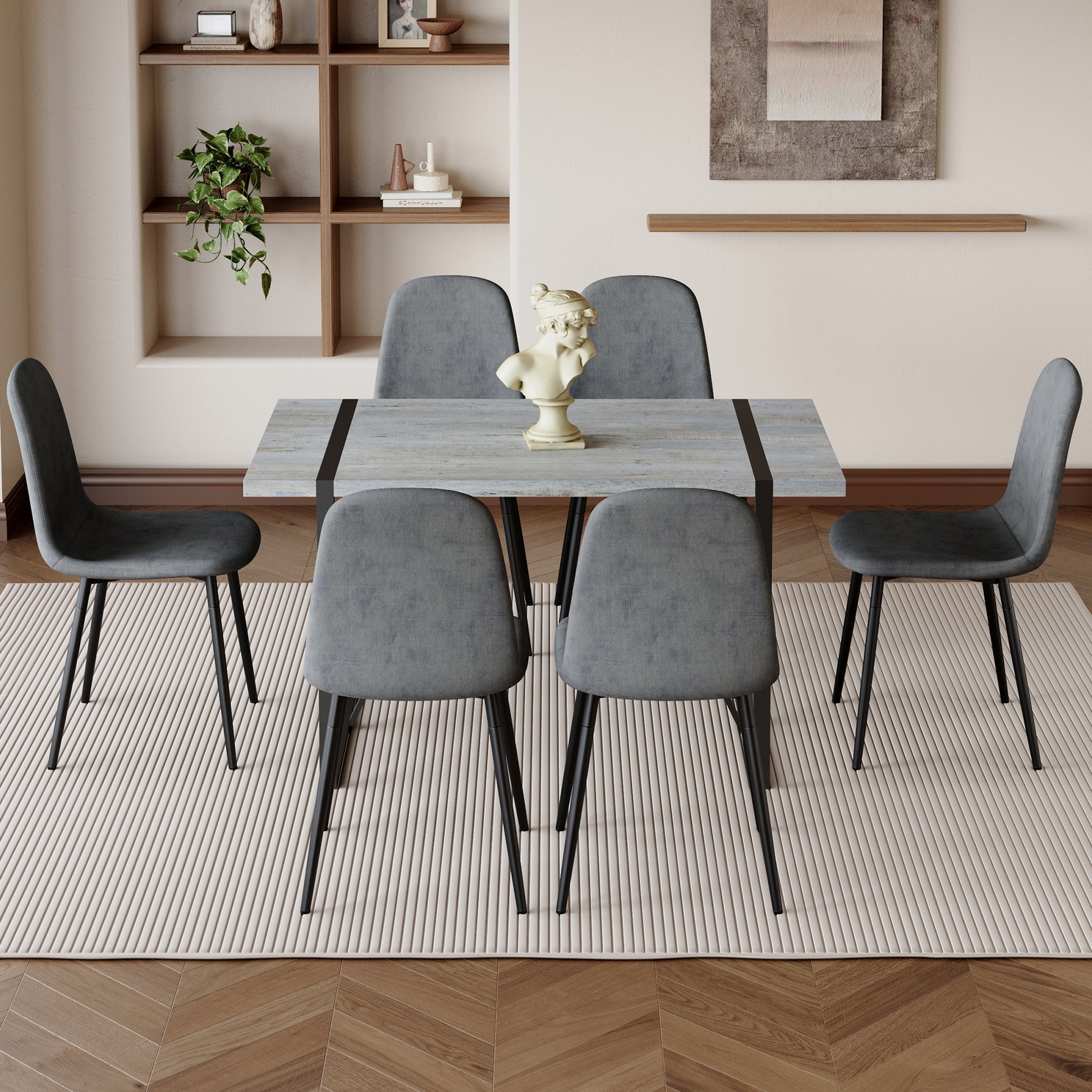 Table And Chair Set. A Minimalist Retro Rectangular Dining Table With A Specially Textured Top And Black Metal Legs, Paired With 6 Soft Chairs And Black Metal Legs, Showcases A Beautiful Home Style.