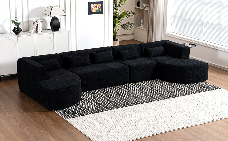 143.7" Upholstered Sofa Free Combined Sofa Couch With Two Chaise Lounge And Five Back Pillows For Living Room, Black Black Foam Polyester 5 Seat