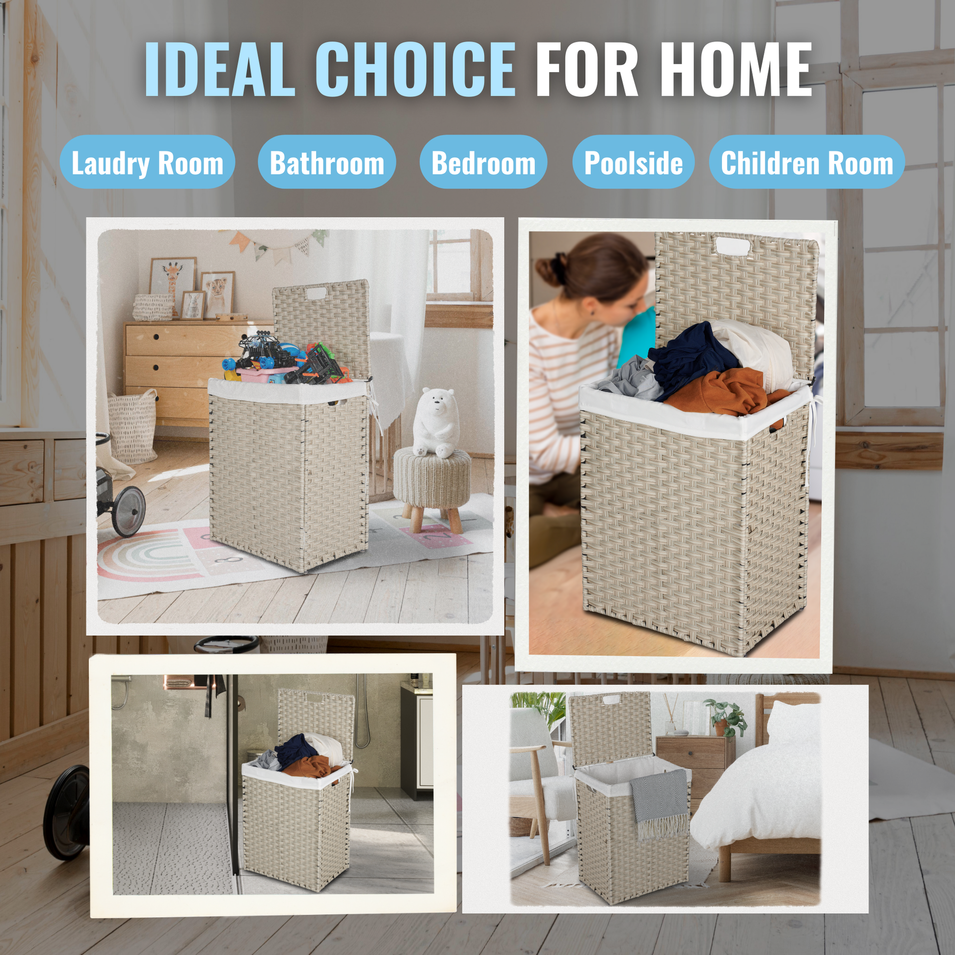 Laundry Hamper With Lid Pe Rattan Powder Coating Frame Clothes Hampers With 02 Removable Bags, 100L, Grey Color Light Grey 1 Foldable American Design,American Traditional Wicker