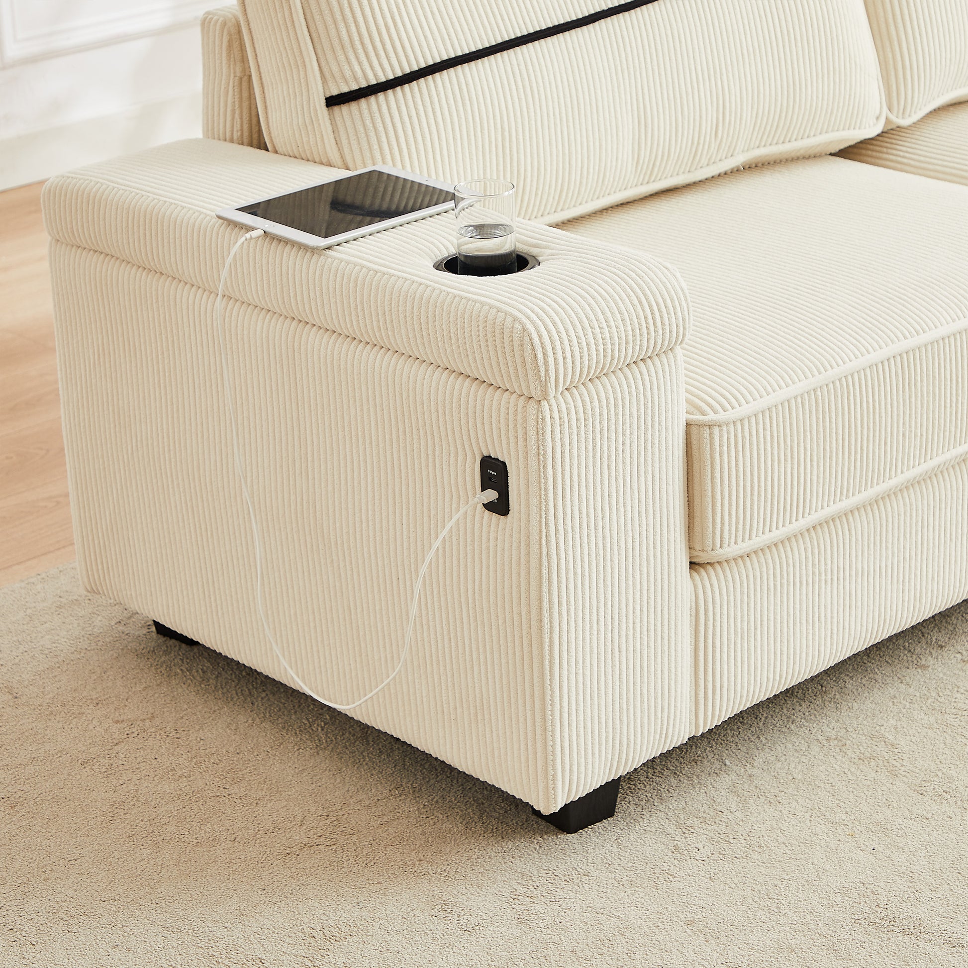 86.5 Inch Sofa Couch Deep Seat Sofa With Two Storage Spaces, T Pyce Charging Portsusb Charging Ports & 2 Cup ,Corduroy 3 Seater Couch, Modern Sofas For Living Room Beige Foam Corduroy 3 Seat