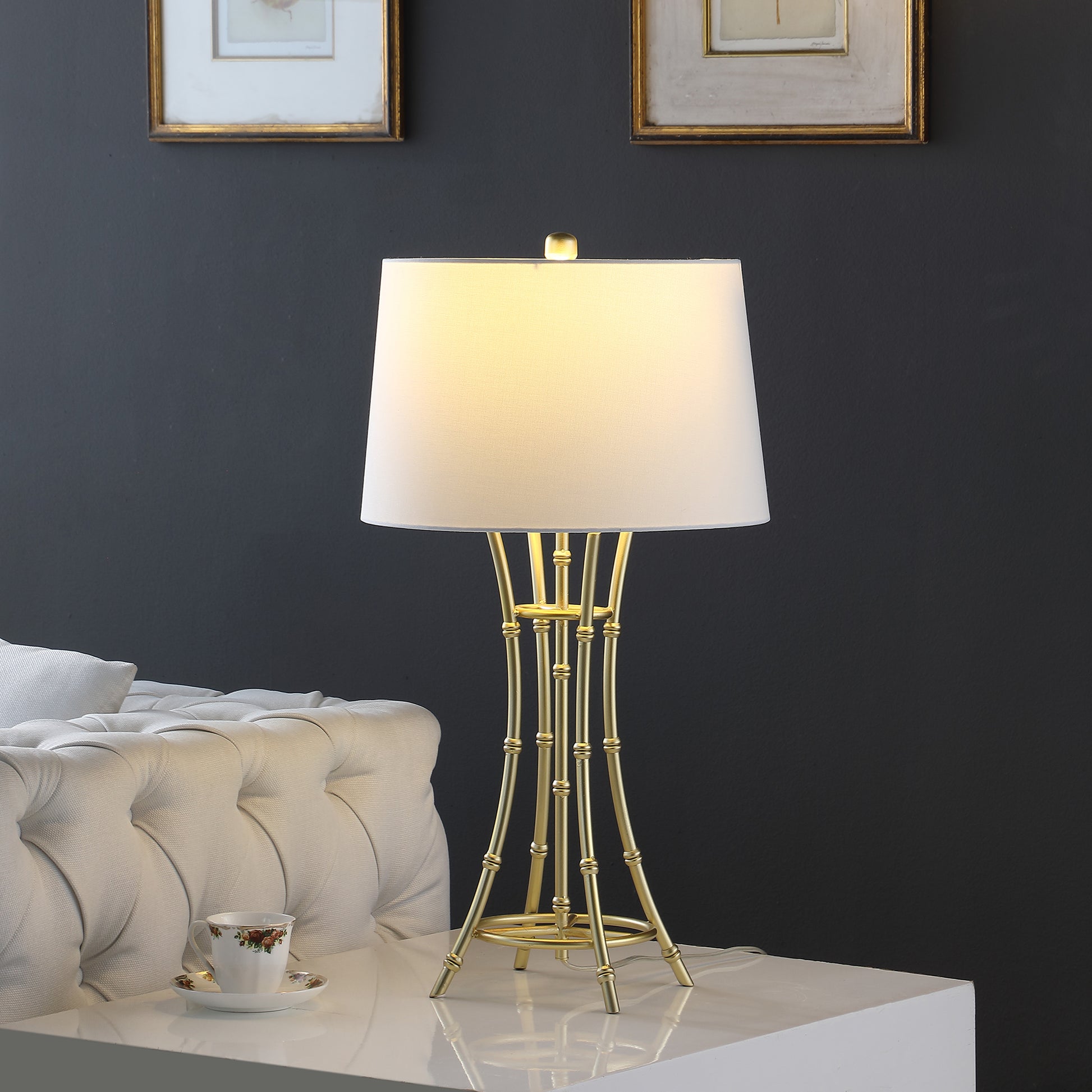 29.25" In Kiara Modern Satin Brushed Gold Bamboo Metal Table Lamp Gold White Fabric Metal