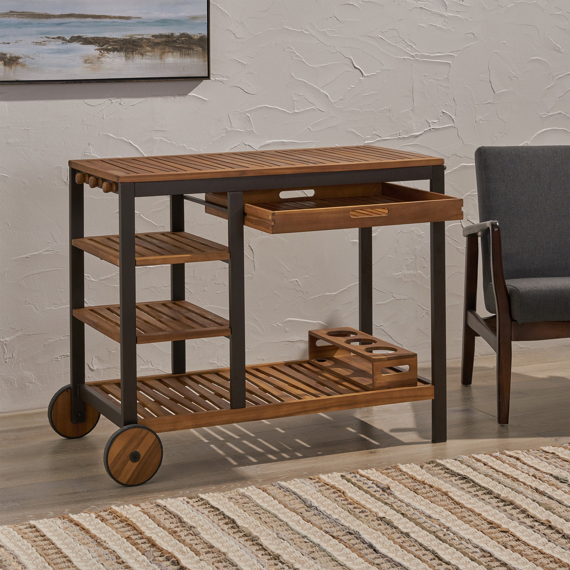 Vivlio Wood Metal Barcart Rustic Metal & Wood