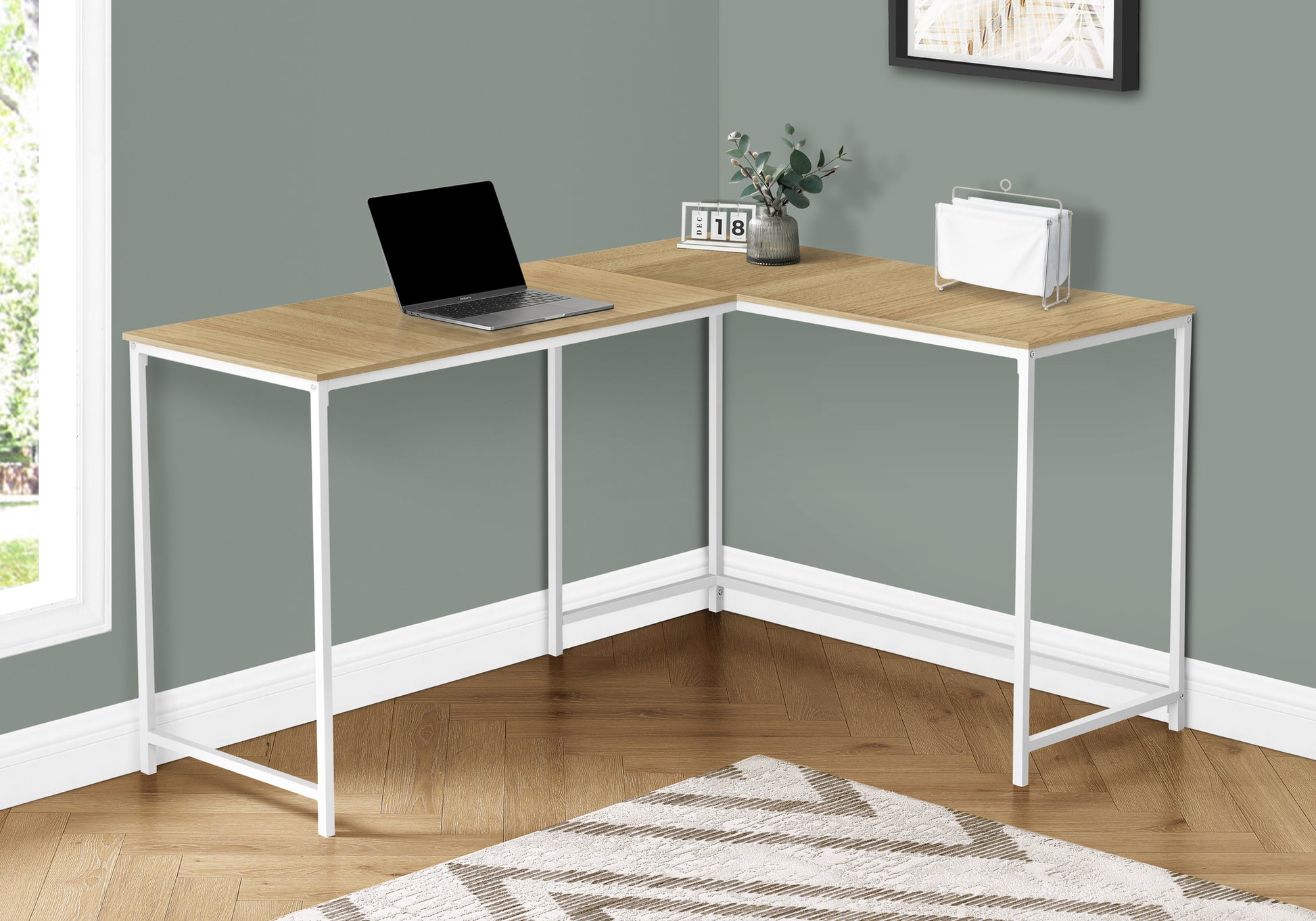 Computer Desk, Home Office, Corner, 58"L, L Shape, Work, Laptop, Natural Laminate, White Metal, Contemporary, Modern Natural Particle Board