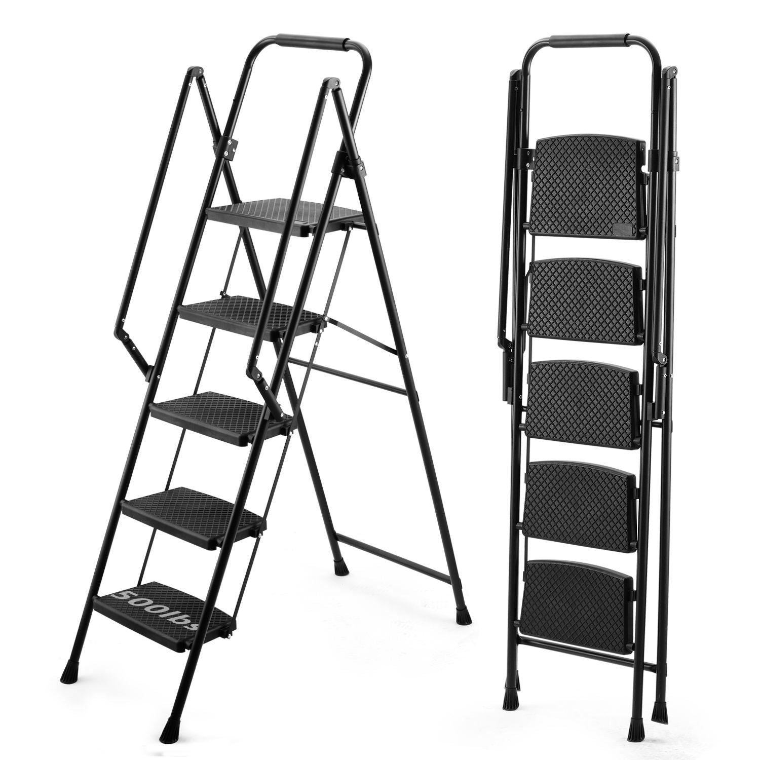 5 Step Ladder, Folding Ladder Stool, With Anti Slip Wide Pedals, Steel Ladder, With Safety Anti Slip Handle, Lightweight 300 Pound Portable Steel Ladder Stool In Black Black Iron Plastic