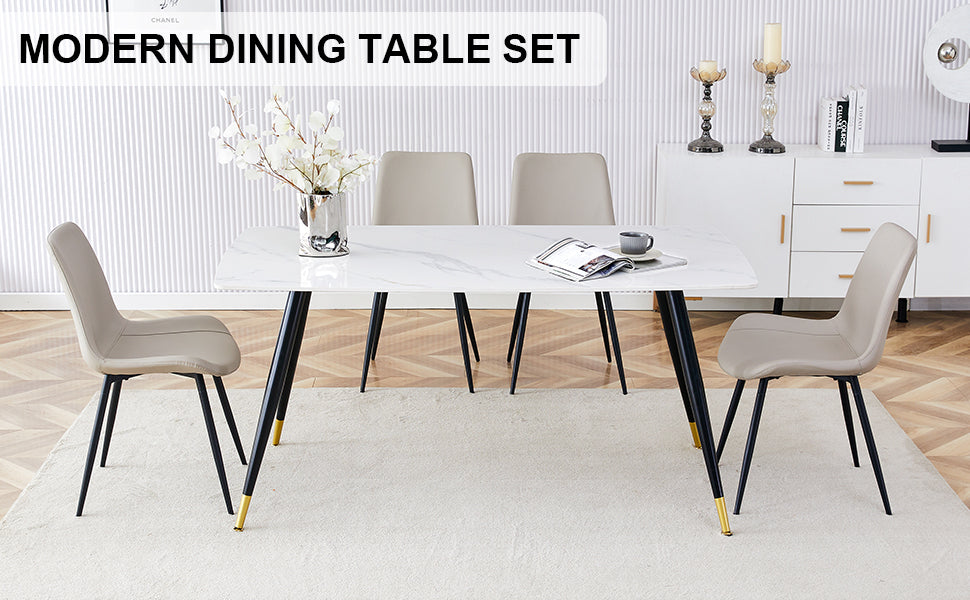 Table And Chair Set, White Imitation Marble Texture Rock Board Table Top, Black Metal Table Legs, Stable And Beautiful. Modern Simple Dining Table, Comfortable Seating. White Gray Seats 4 Metal