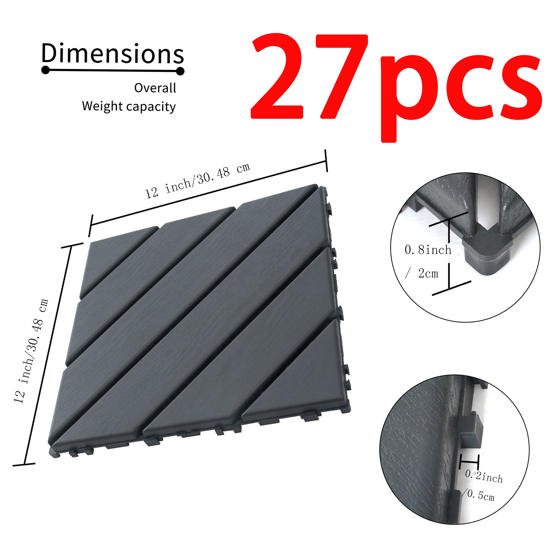 27 Pack Interlocking Plastic Deck Tiles 12"X12" Square Waterproof Outdoor Poolside Balcony Backyard Decking Tiles Easy Installation Sturdy Pp Material Strong Load Bearing Capacity Grey Plastic