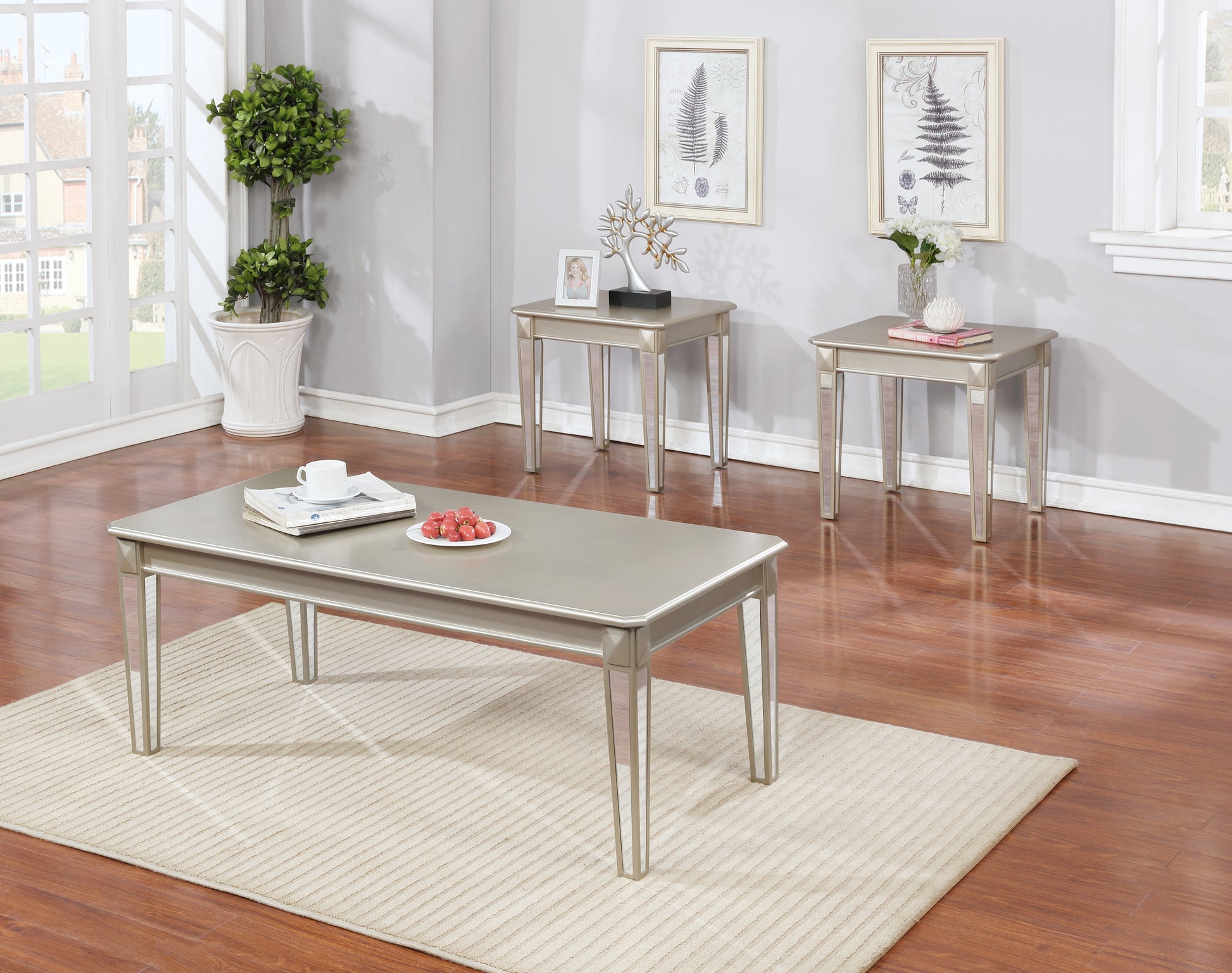 Barent Contemporary Wood 3 Piece Coffee Table Set With Mirrored Legs, Champagne Champagne Primary Living Space Rectangular Coffee & End Tables Rectangular Mdf Glass