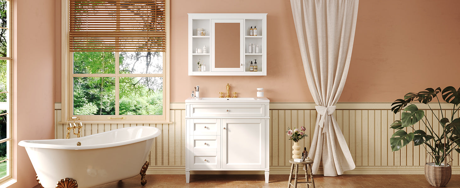 36'' Bathroom Vanity With Medicine Cabinet, Modern Bathroom Storage Cabinet With 2 Soft Closing Doors And 4 Drawers, Single Sink Bathroom Vanity White Bathroom Ceramic,Solid Wood Mdf