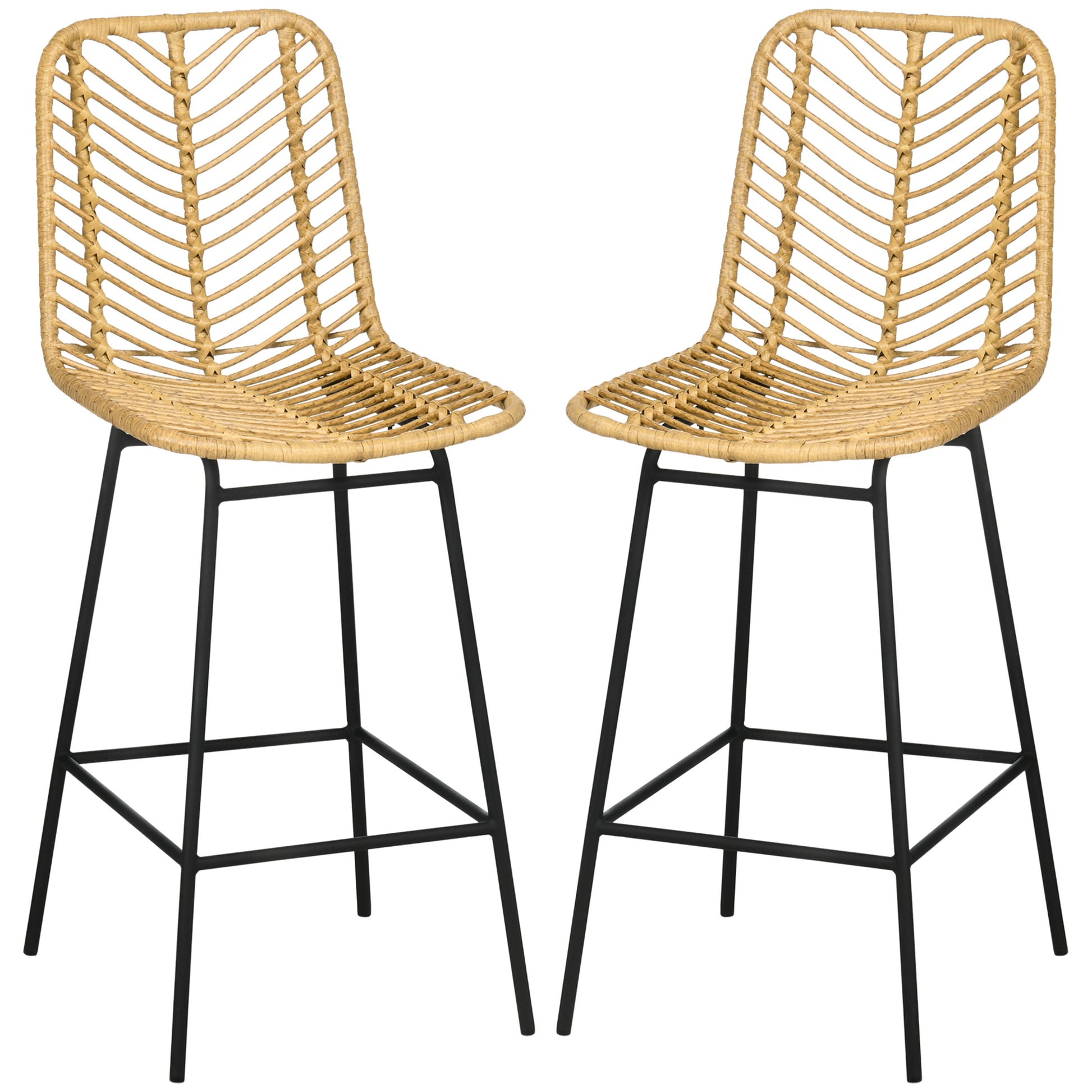 Homcom Rattan Bar Stools Set Of 2, 26" Counter Height Barstools, Boho Kitchen Island Stools Withwicker Seat And Back, Yellow Yellow Steel