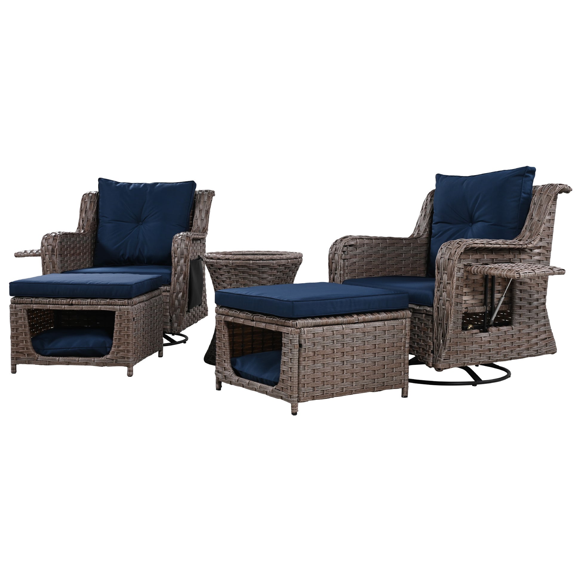 K&K 5 Pieces Outdoor Patio Furniture Set With Pet House Cool Bar And Retractable Side Tray, Rattan Wicker Patio Swivel Rocking Chairs Set Of 2 With Ottomans For Backyard, Porch, Balcony, Navy Blue Yes Rocker & Glider Navy Blue Seats 2 Weather Resistant