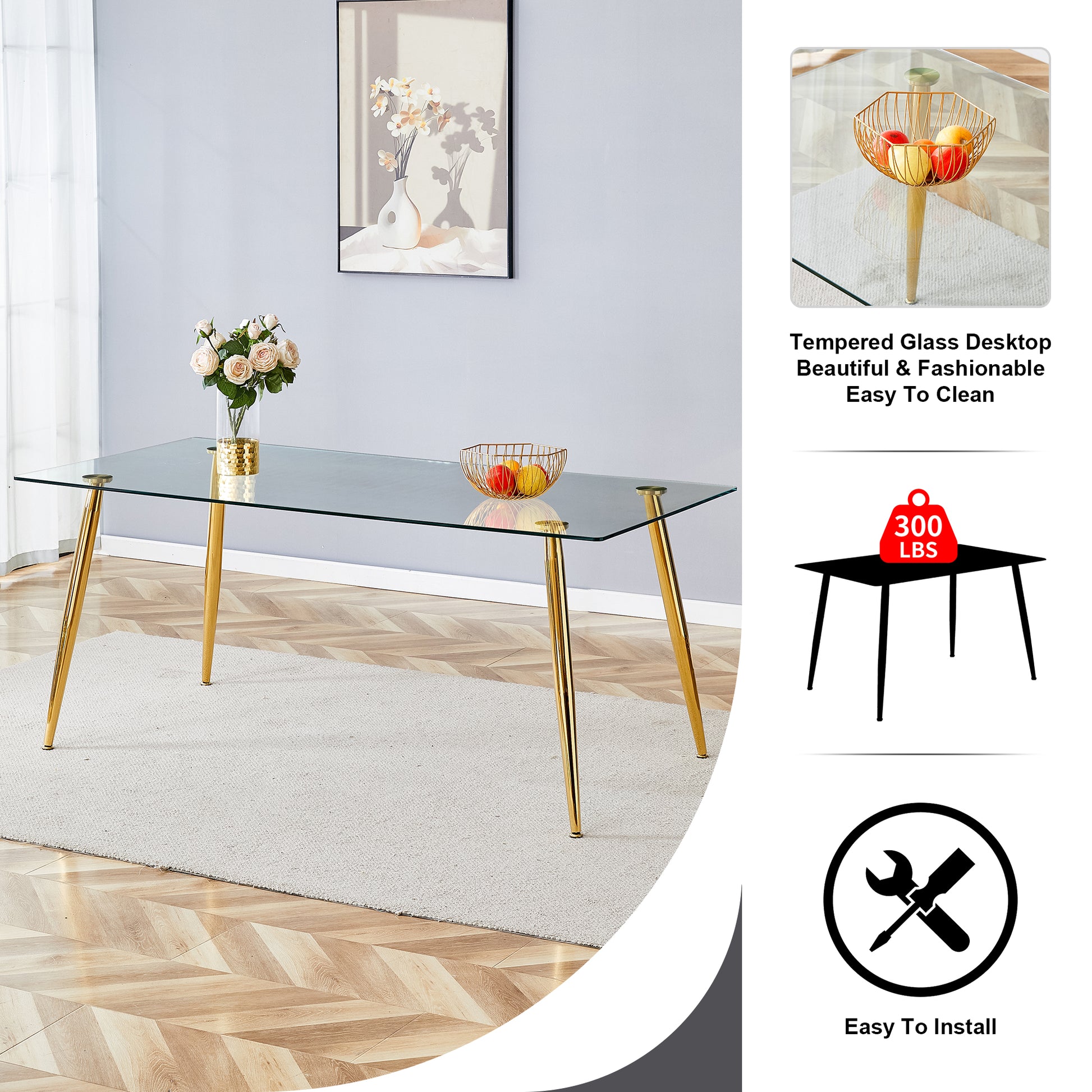 Table And Chair Set.Modern Rectangular Glass Dining Table With A Tempered Glass Tabletop And Metal Legs, Paired With Multiple Chairs Designed With Pu Cushions And Golden Metal Legs. White Gold Seats 8 Tempered Glass