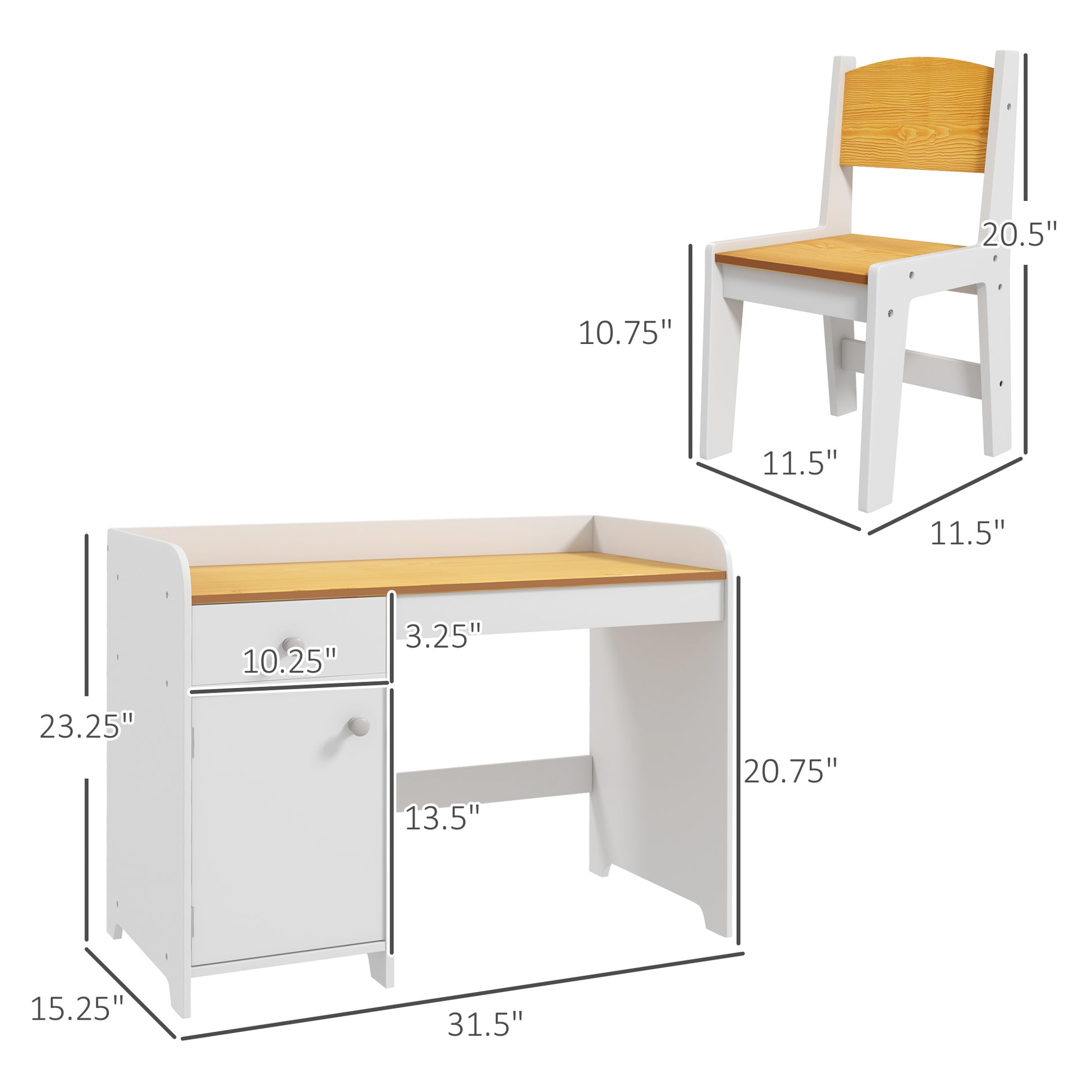 Qaba Kids Desk And Chair Set With Storage Drawer, Study Desk With Chair For Children For Arts & Crafts, Snack Time, Homeschooling, Homework, White White Mdf