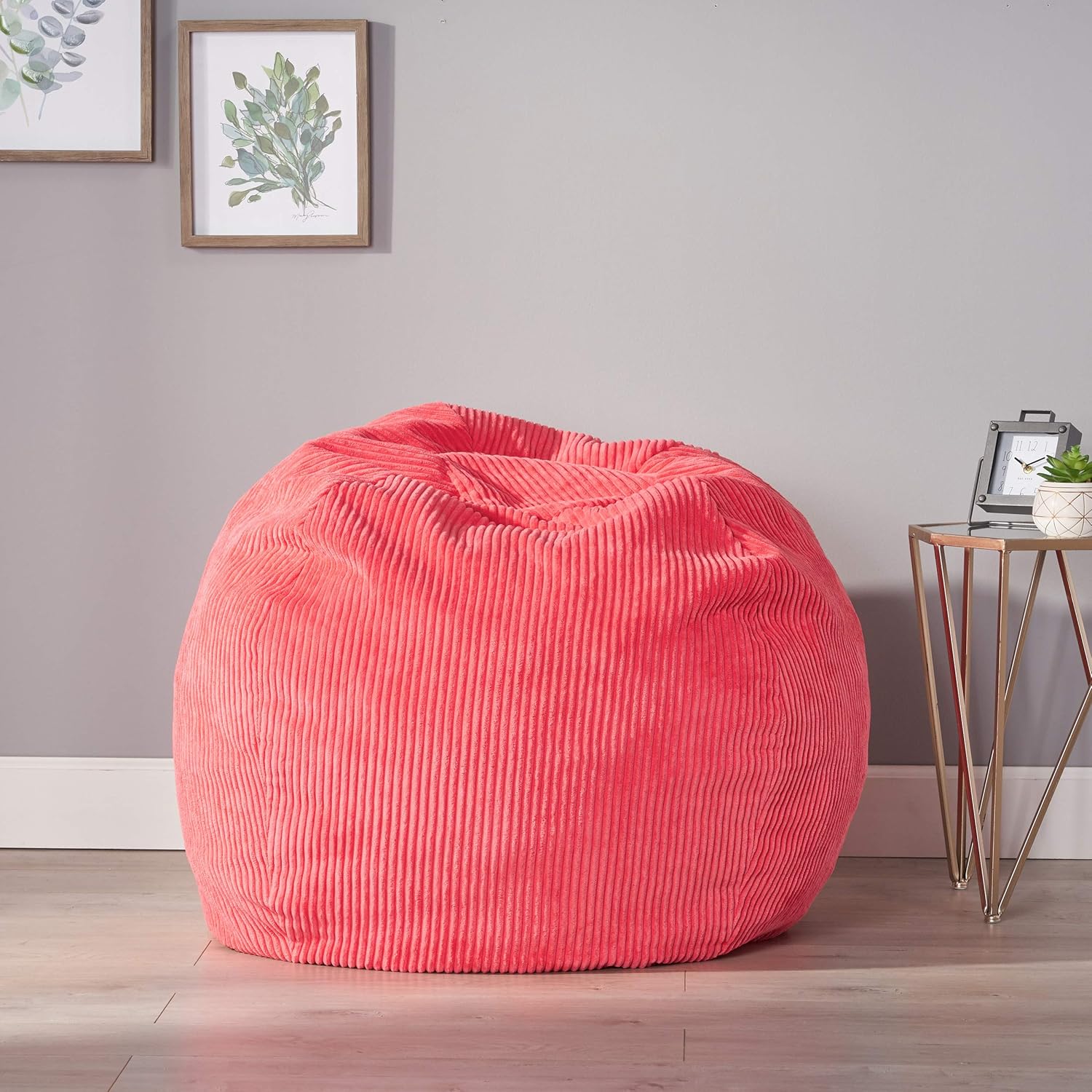 Kenli Modern Corduroy Polyester 3 Ft. Bean Bag Chair,Pink Rose Pink Fabric