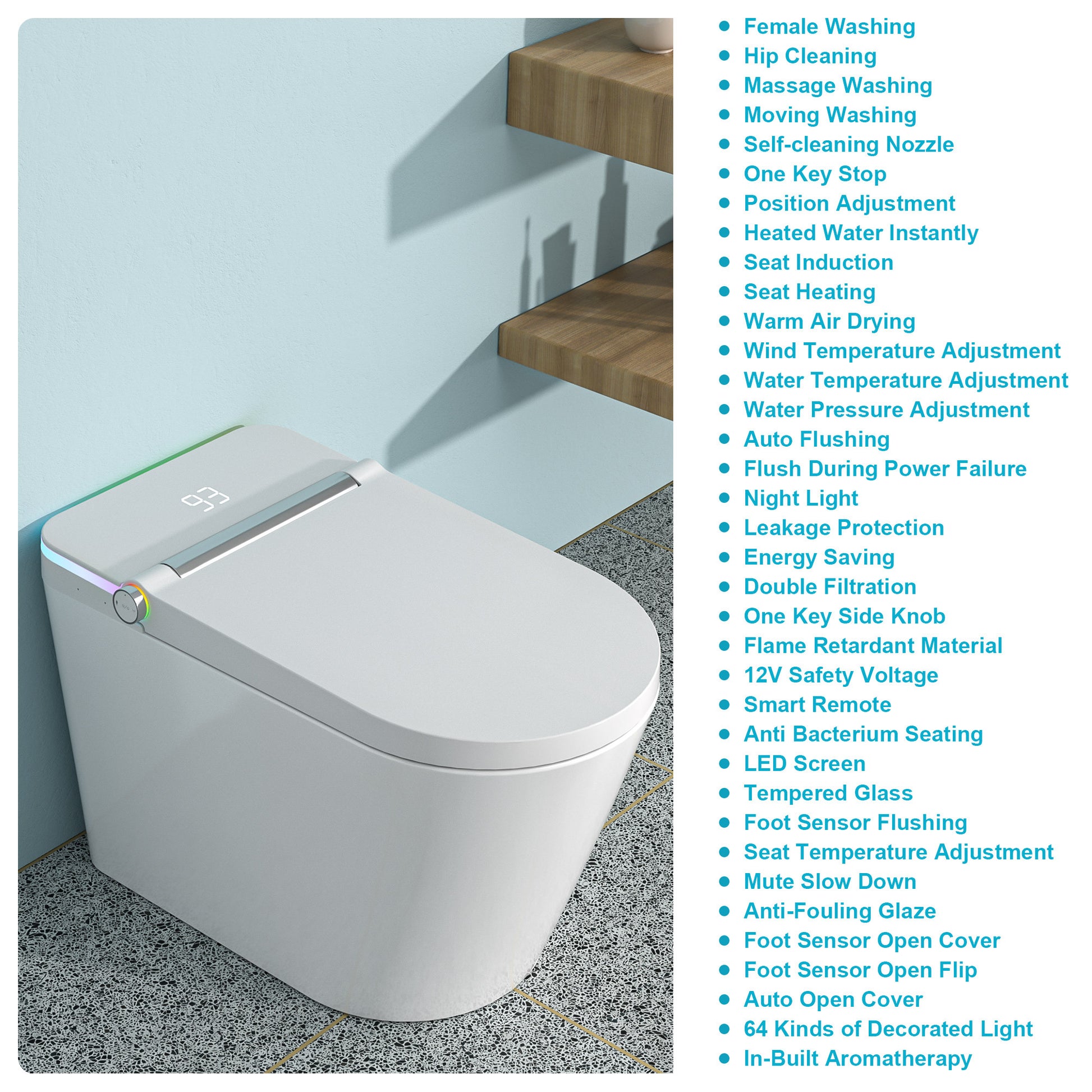 Smart Toilet With Bidet Built In, Auto Open & Close, Elongated Heated Seat, Foot Sensor Flush, Led Display, Warm Water Wash, Dryer, Night Light White Ceramic