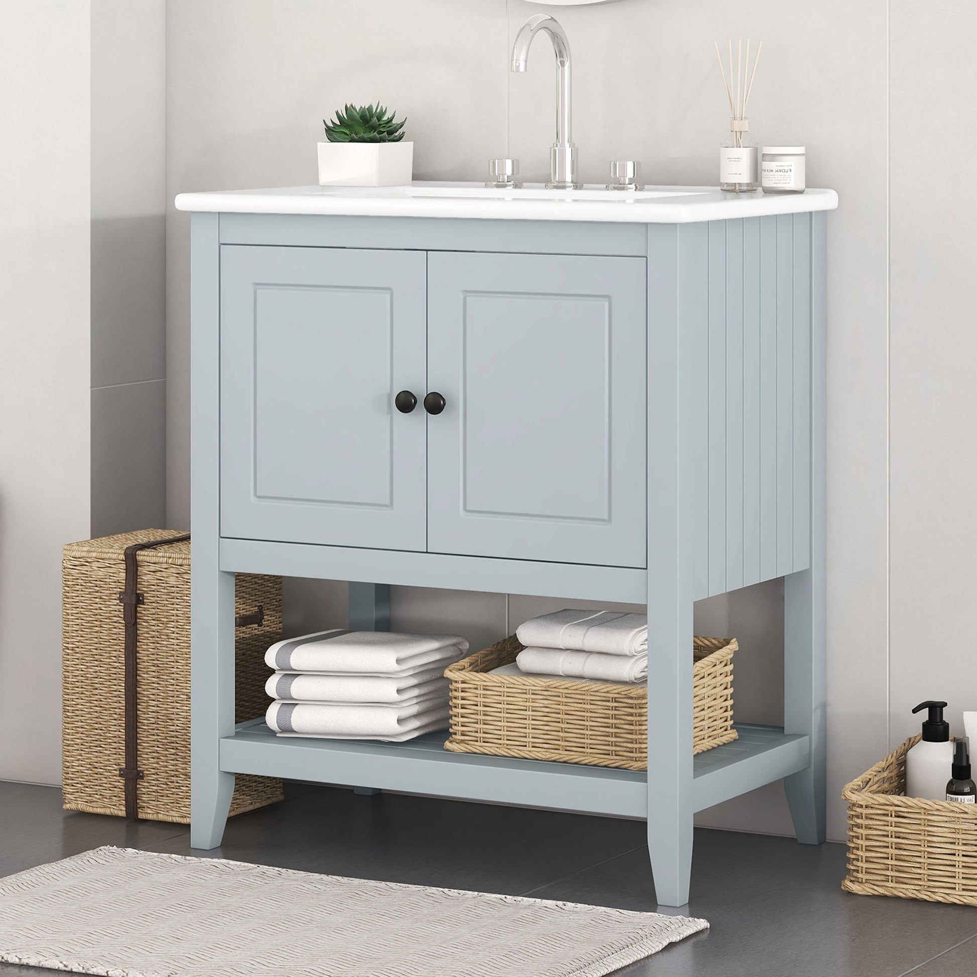 30" Gray Modern Sleek Bathroom Vanity Elegant Ceramic Sink With Solid Wood Frame Open Style Shelf & Door Shelf Design Gray Solid Wood