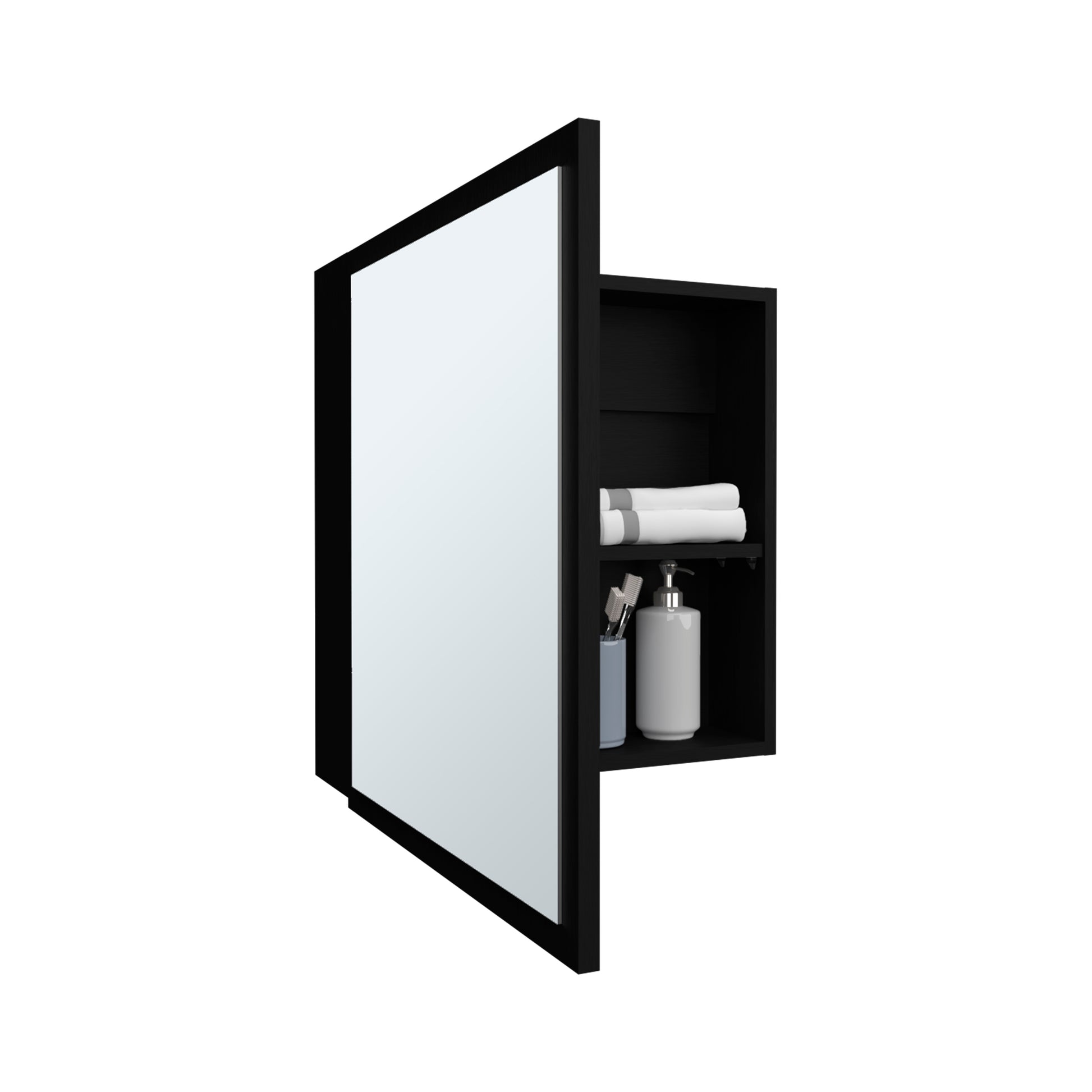 Duma 21.1" H X 19.7" W Mirror Medicine Cabinet, One Door With Four Interior Shelves For Bathroom, Kitchen Black Black Particle Board