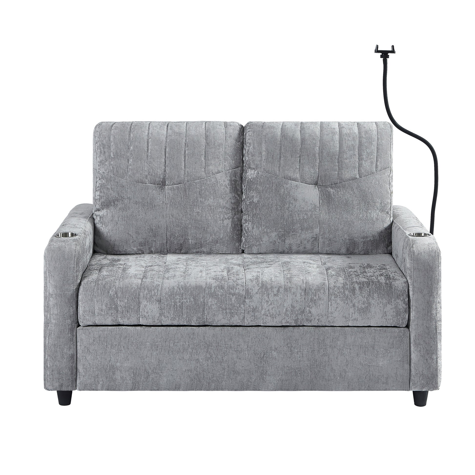 53.9" Modern Loveseat Pull Out Sofa Bed With Adjustable Backrest, Two Cup Holdersa Phone Holder, Three Charging Ports And Side Storage Pockets For Living Room, Grey Grey Foam Chenille