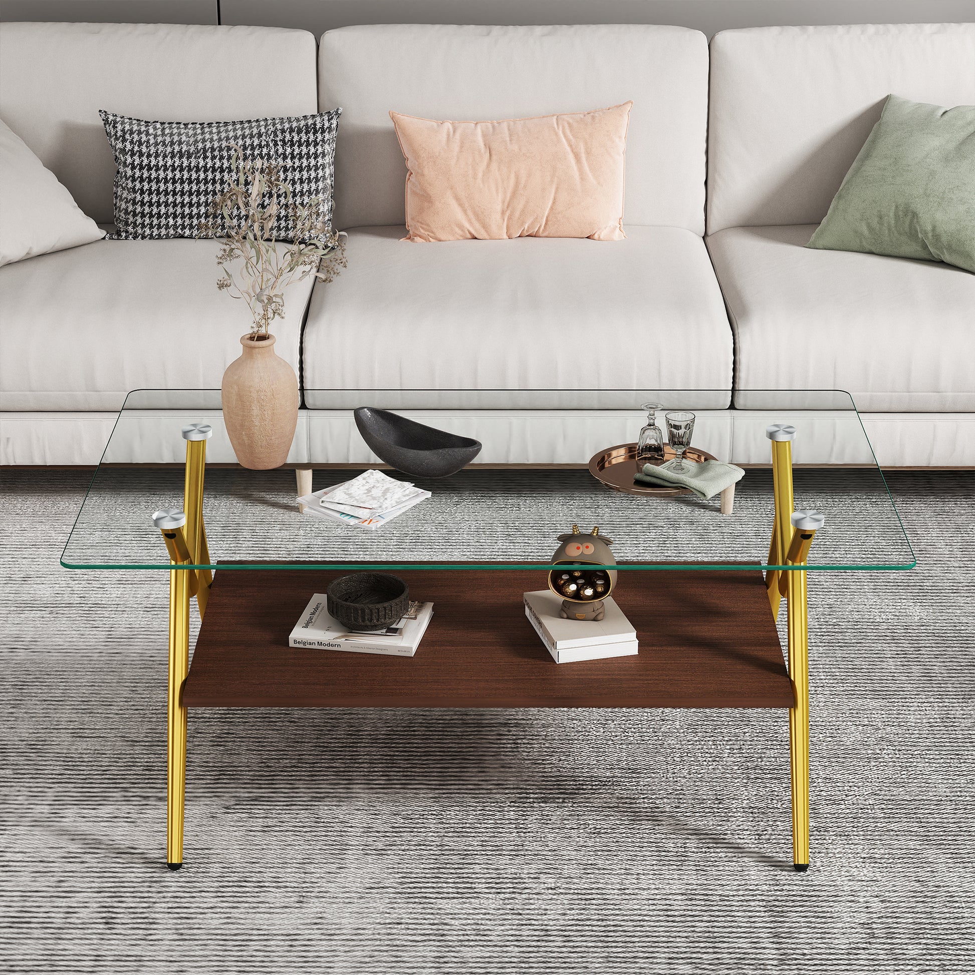 Rectangle Coffee Table With Tempered Glass Top And Golden Metal Legs, Modern Table For Living Roomtransparent Glass Transparent Tempered Glass