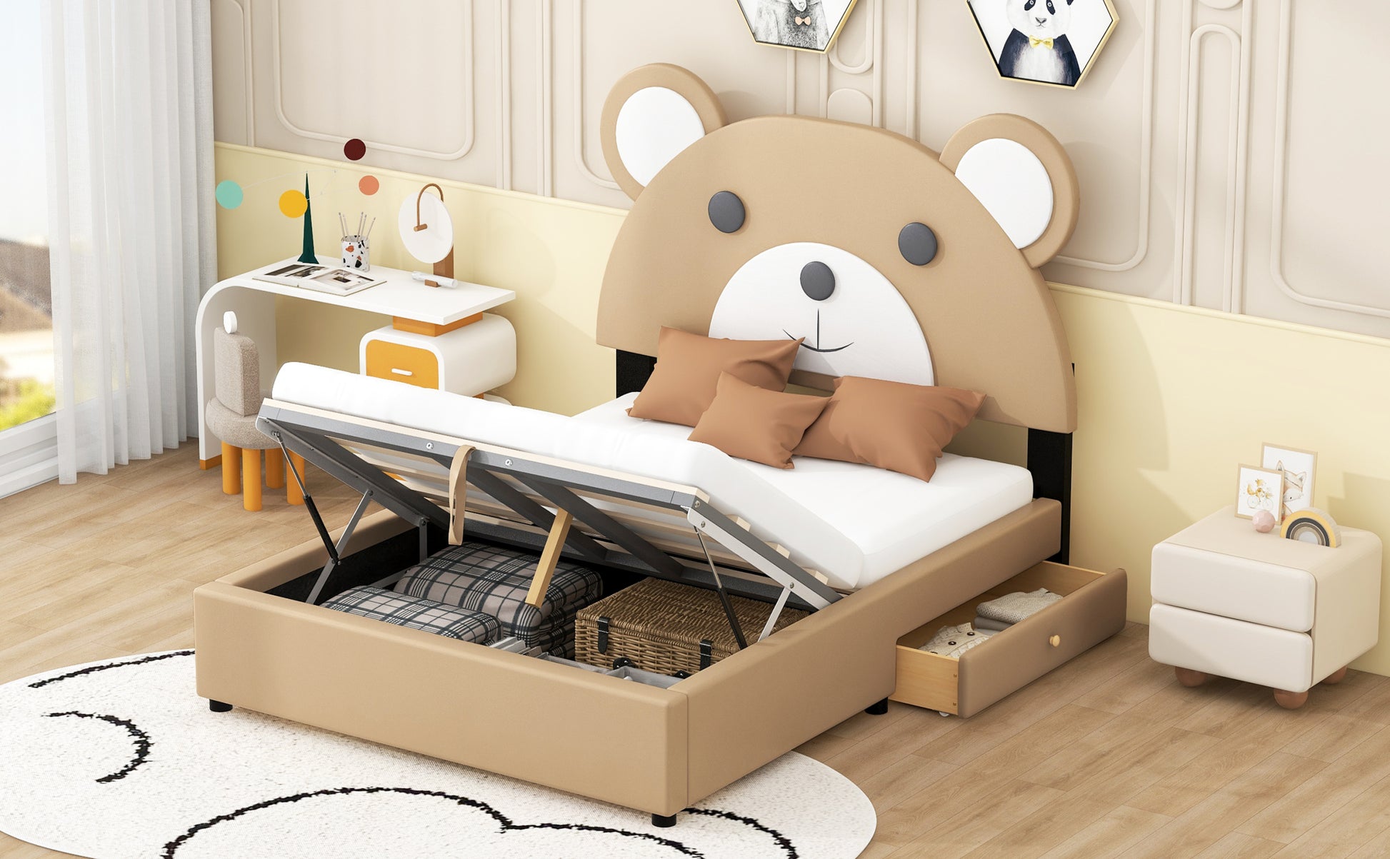 Full Size Upholstery Platform Bed Frame With Cute Bear Shaped Headboard And Two Storage Drawers,Brown Full Brown Solid Wood Mdf