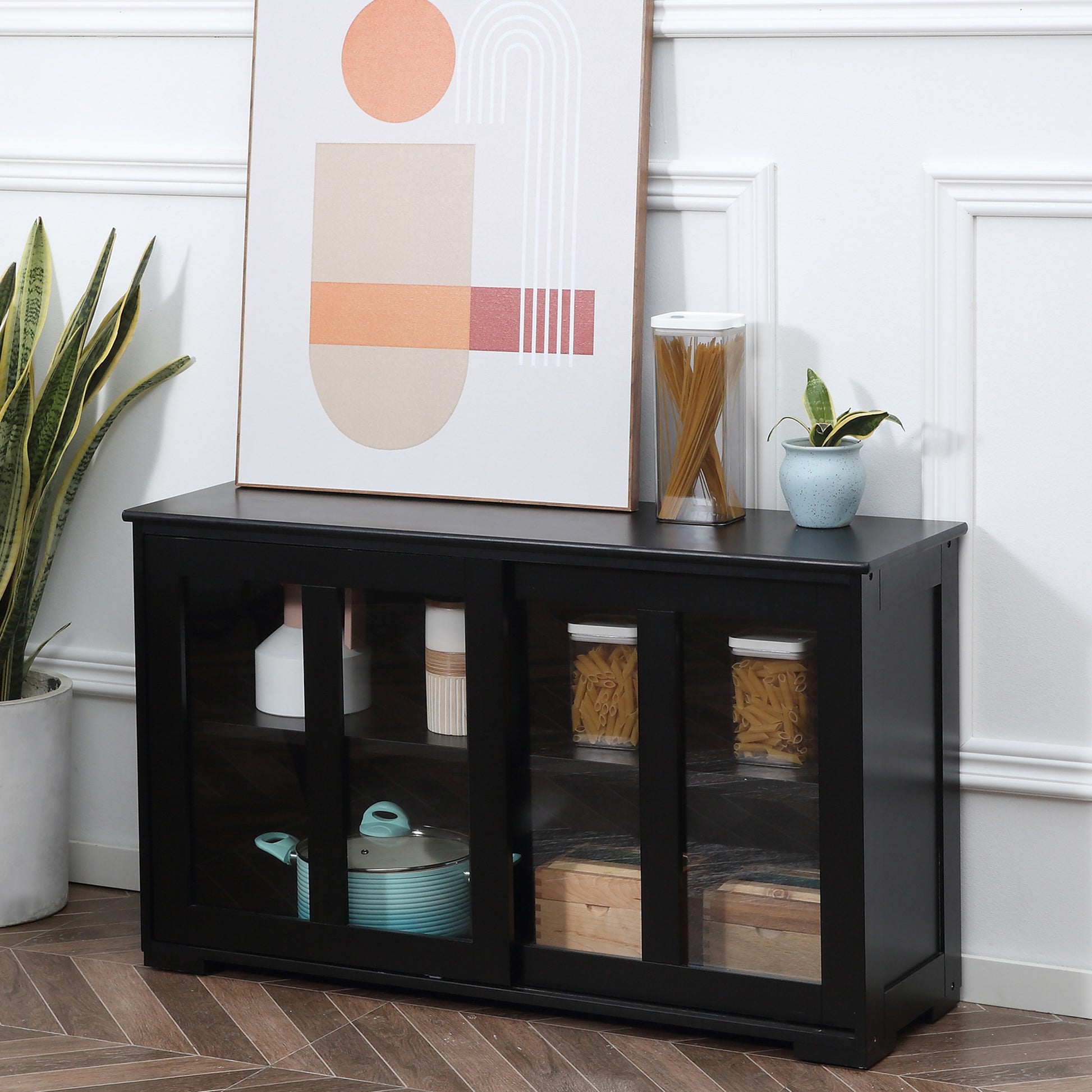 Homcom Sideboard Buffet Cabinet, Stackable Credenza, Coffee Bar Cabinet With Sliding Glass Door And Adjustable Shelf, Black Black Engineered Wood