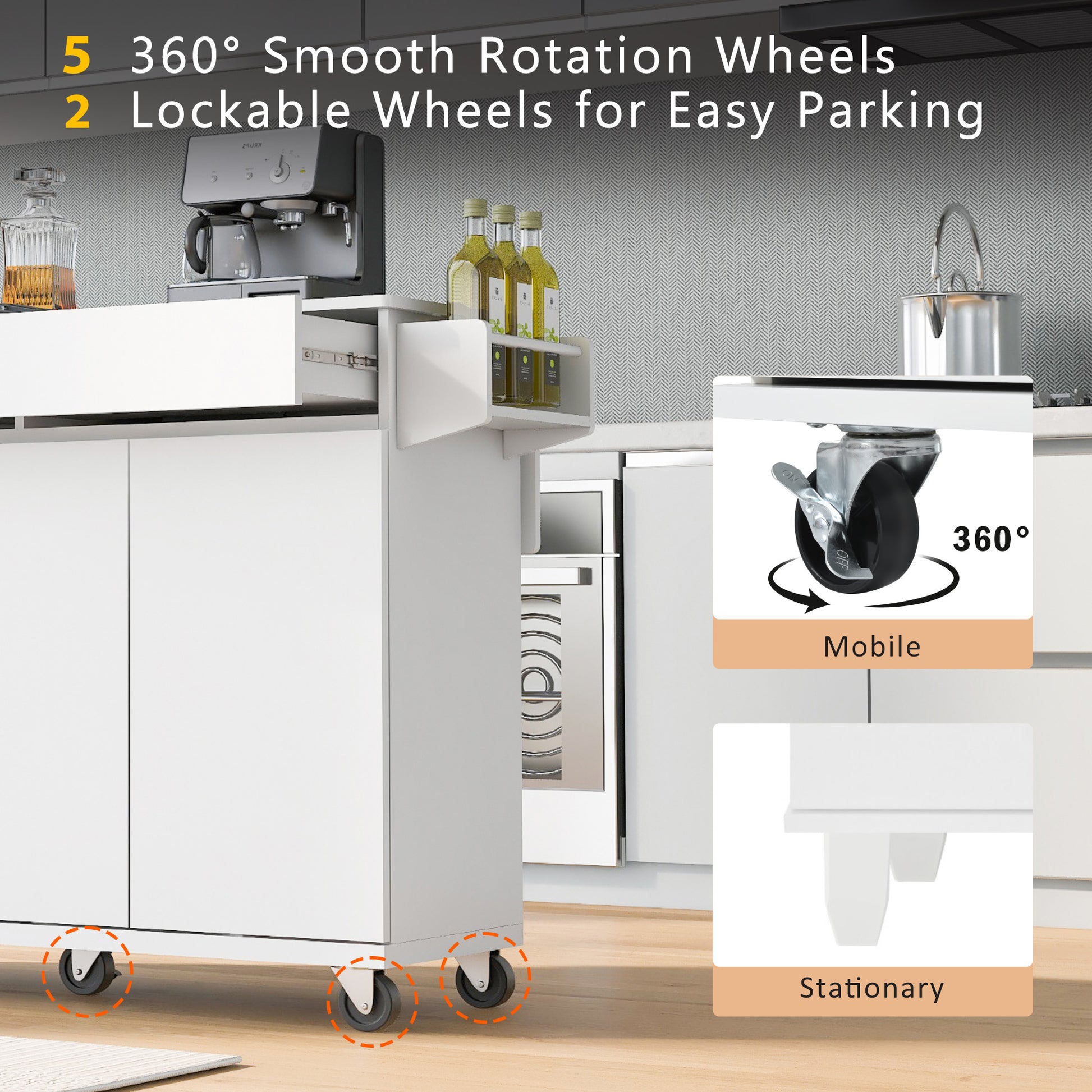 K&K 53.2'' Kitchen Island With Drop Leaf, Kitchen Storage Cart With Spice Rack, Towel Rack And 2 Drawers, Rolling Kitchen Island On Wheels With Adjustable Shelves For Kitchen, Dining Room, White White Brown Kitchen Artsy,Casual,Classic,Minimalist,Modern
