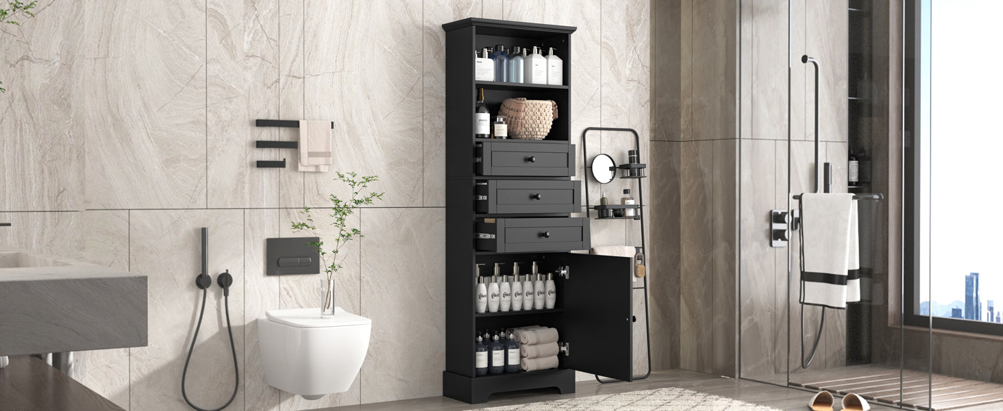 Black Tall Storage Cabinet With 3 Drawers And Adjustable Shelves For Bathroom, Study, Office And Interior, Mdf Board With Painted Finish Black Mdf