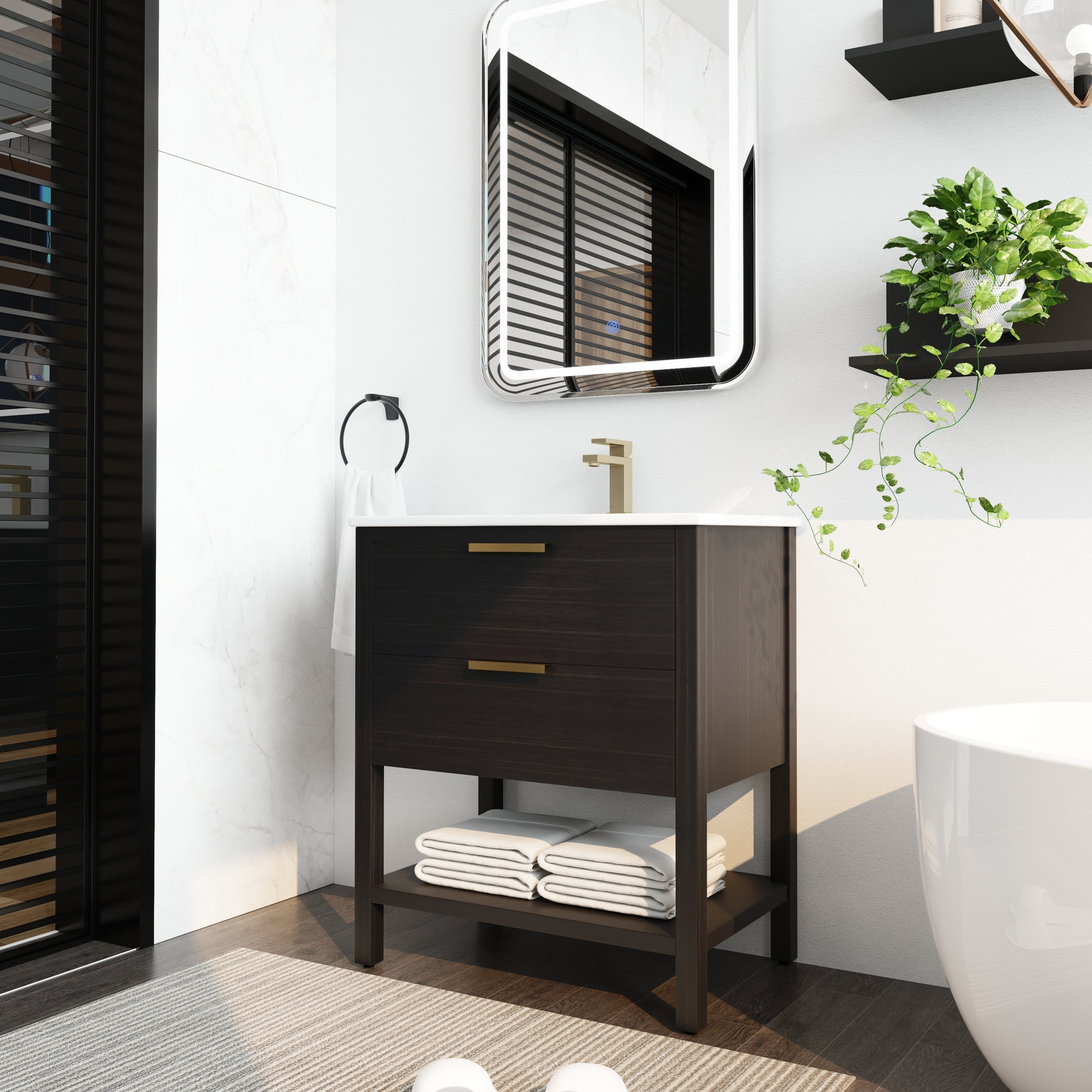 30 Inch Bathroom Vanity With Sink And 2 Soft Close Drawers, Golden Handle Bvb01030Bctg Bl9075B Black Chestnut Bathroom Modern Plywood