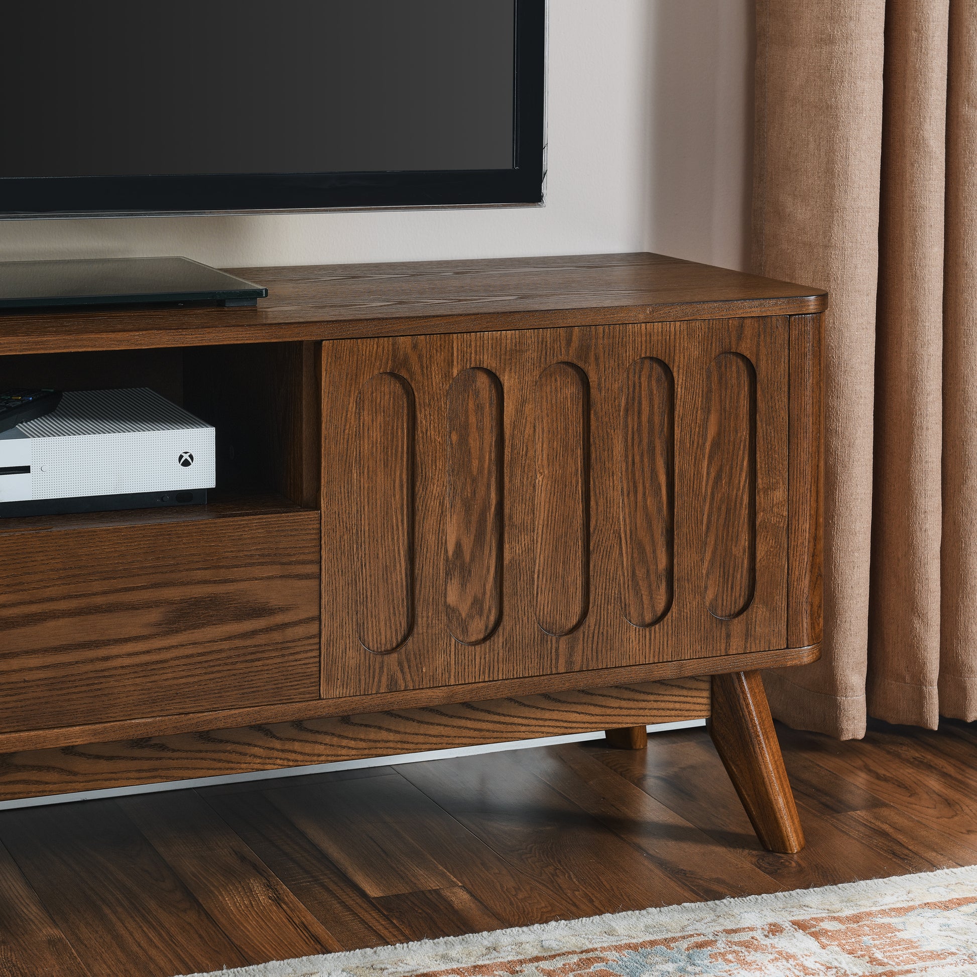 Mid Century Modern Fluted Tv Stand For 65 Inch Tv, Entertainment Center With Storage, Farmhouse Wood Media Console For Living Room Apartment Office, Accent Table, 2 Door & 1 Drawer & Solid Wood Leg Walnut 50 59 Inches Mdf