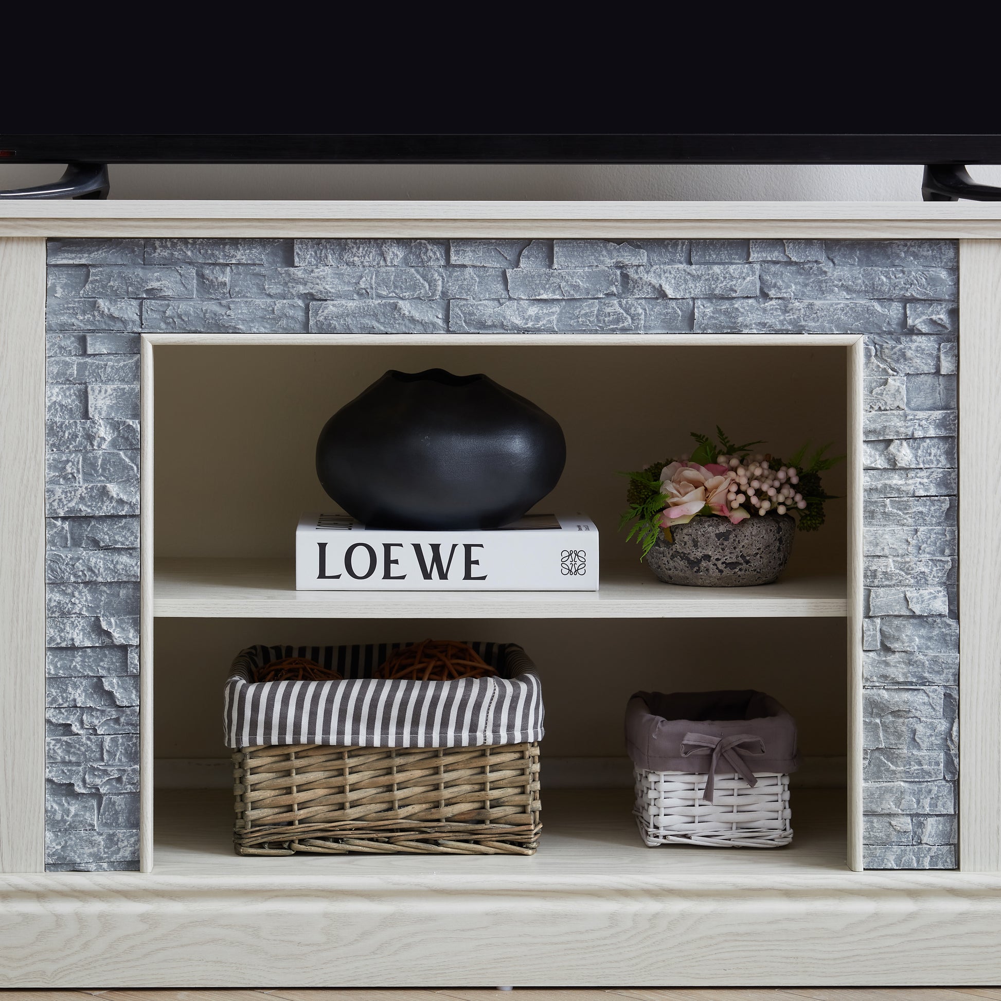 Large Tv Desk Storage Rack With Faux Stacked Stone Surround,Media Console Table With Large Storage Cabinet,Modern Tv Media Entertaionment Stand,White, 70.12"W*15.35"D*25.83"H White 70 79 Inches Mdf