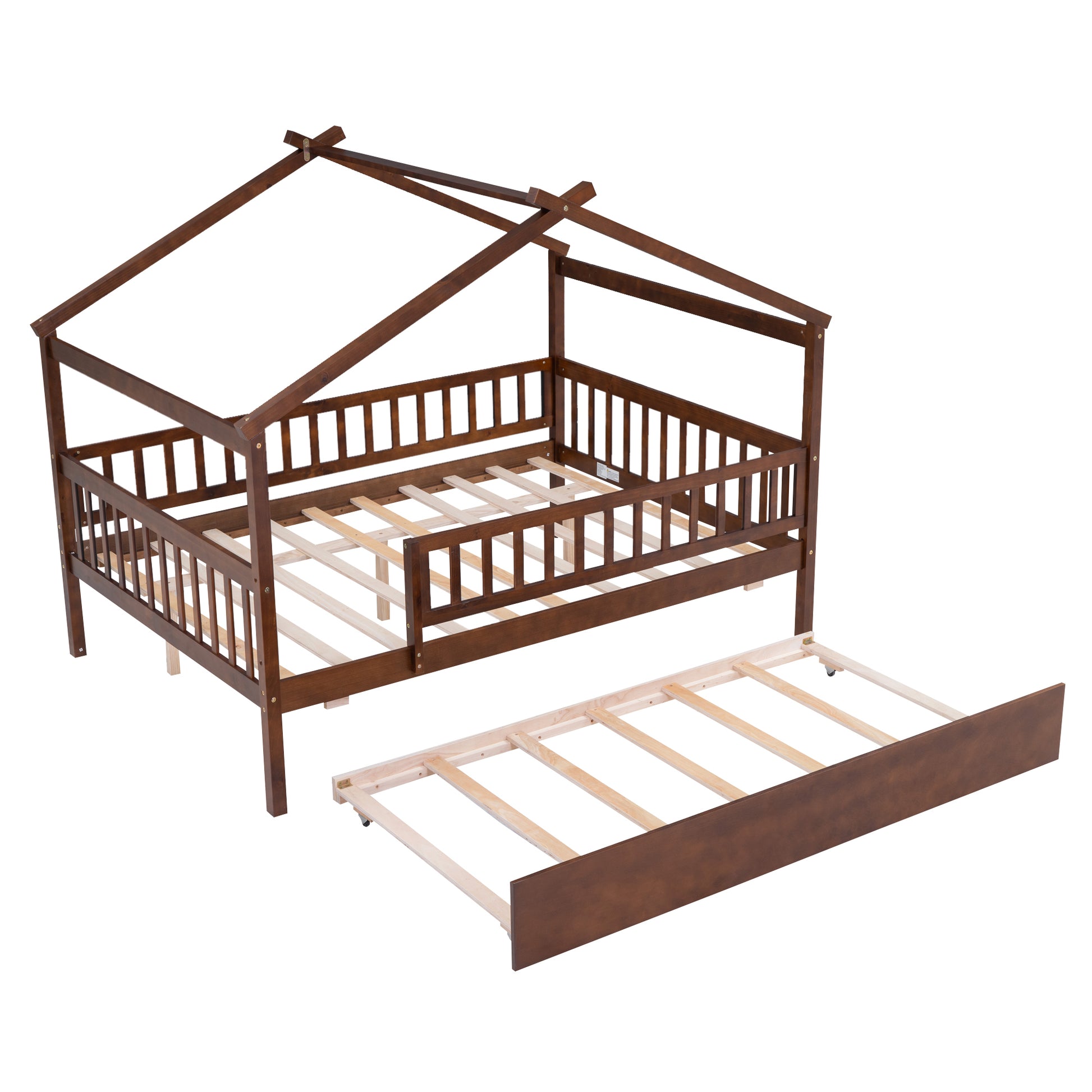 Full Size Wooden House Bed With Twin Size Trundle, Walnut Full Walnut Solid Wood Mdf