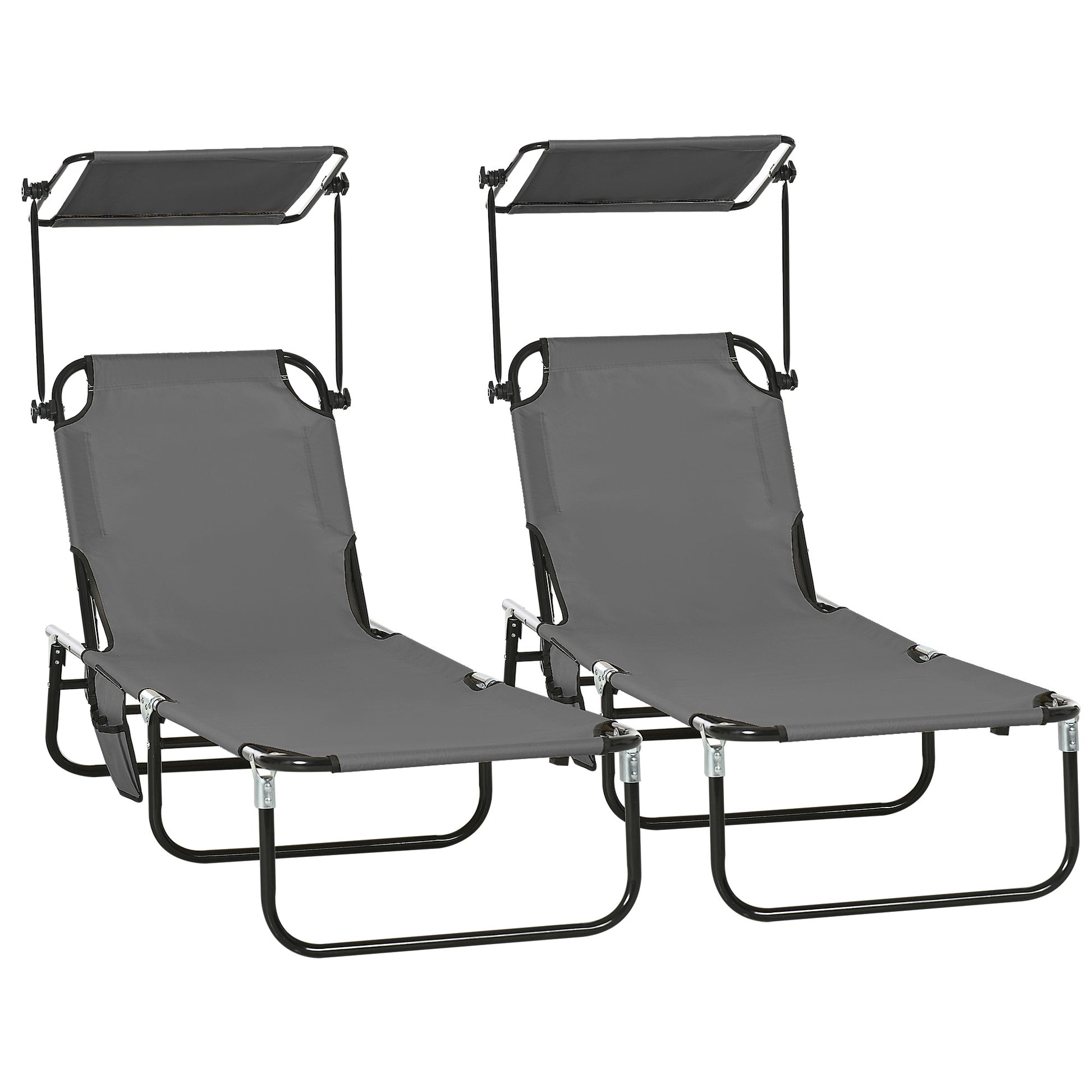 Outsunny Folding Chaise Lounge Pool Chairs, Outdoor Sun Tanning Chairs With Canopy Shade, Reclining Back, Steel Frame And Side Pocket For Beach, Yard, Patio, Dark Gray Dark Grey Steel