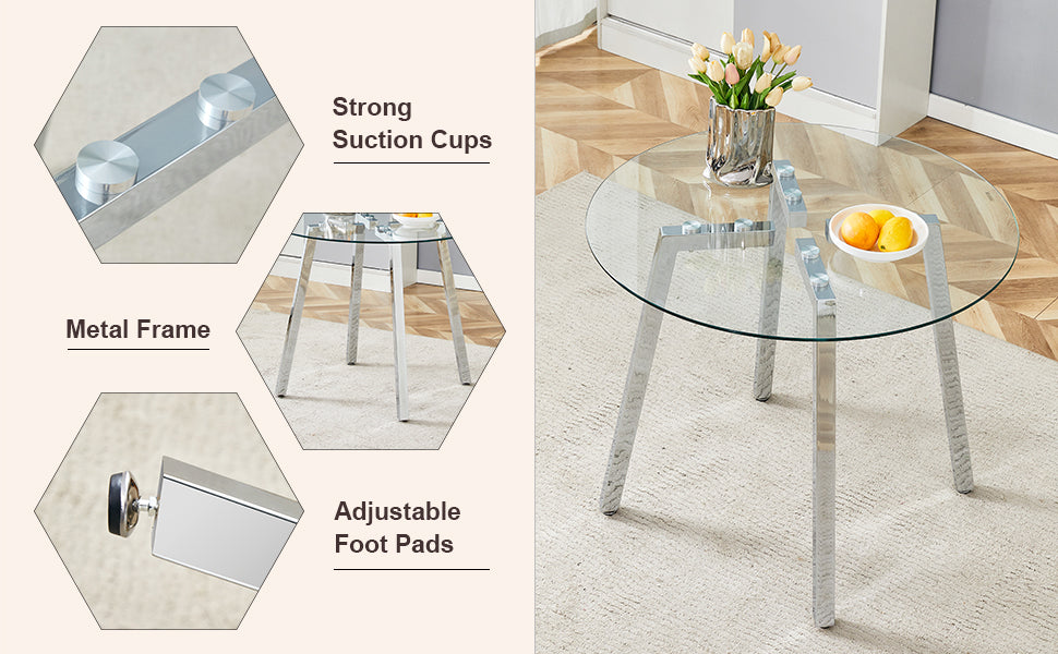 Modern Luxurious Round Tempered Glass Dining Table With Silver 7 Shaped Metal Legs,Suitable For Family Meals, Office Conferences, Or As A Casual Coffee Table For Various Occasions.36*36*29.5 Silver