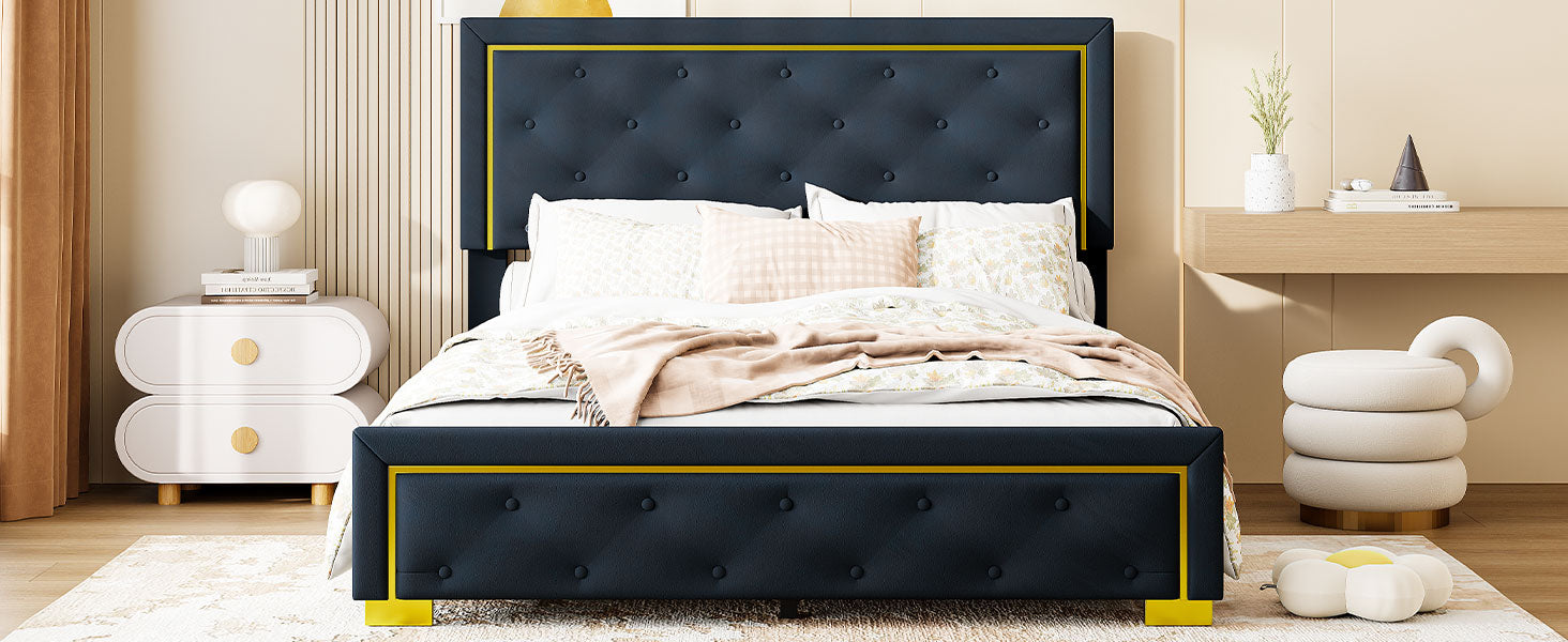 Queen Size Upholstered Platform Bed With Pull Point Headboard And Metal Wire Frame At The Head And Foot Of The Bed, Metal Feet, Velvet, Black Queen Black Mdf Lvl